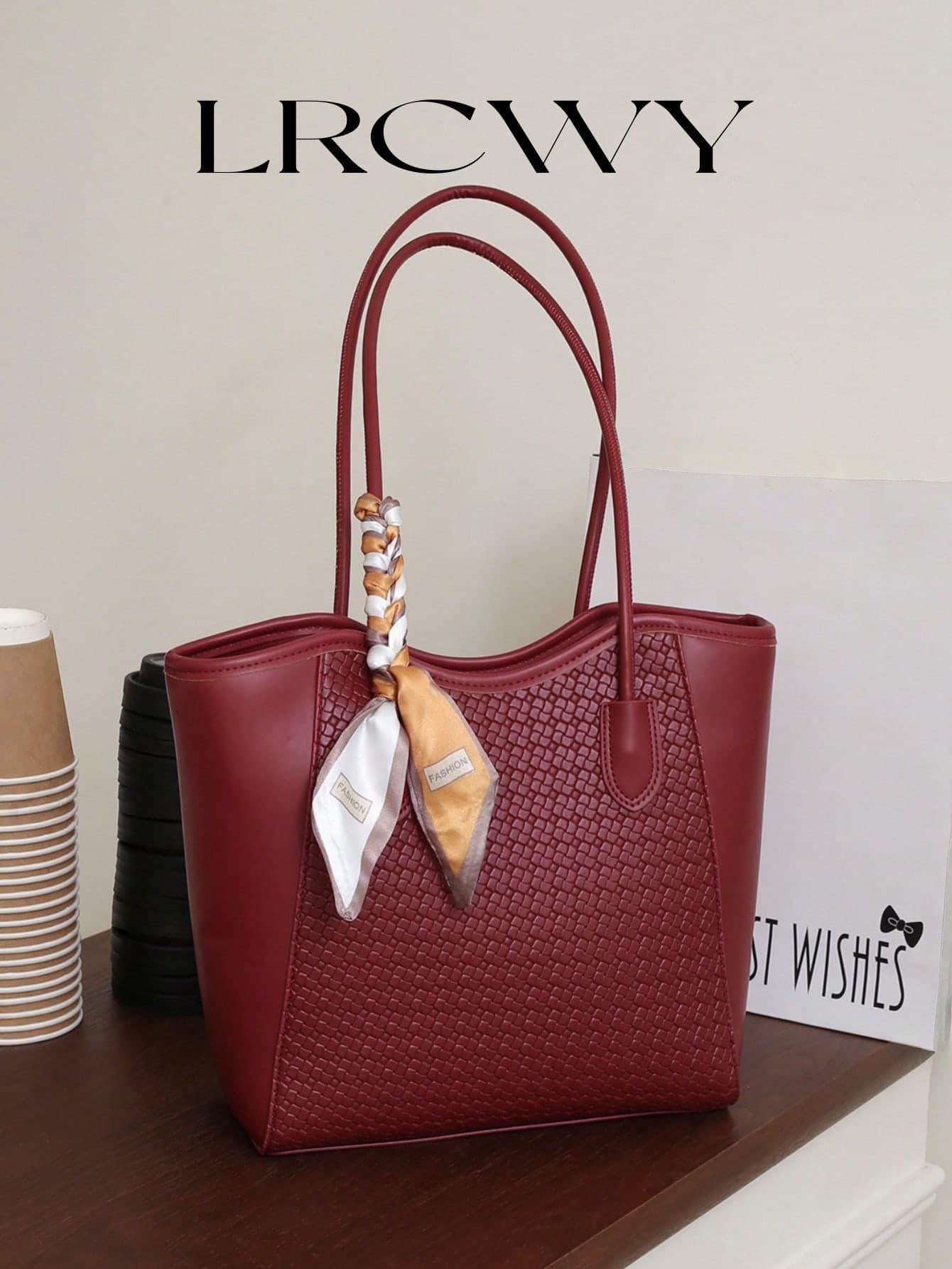 Elegant Tote Bag, Shoulder Bag, Fashionable Minimalist Crocodile Texture Charming Scarf, Large Capacity, Coffee Color, Business/Office