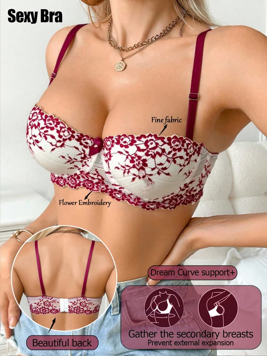 Women's Sexy Lingerie, Comfortable Versatile Lightly Padded Underwire Bra With Sexy French Red Lace Back Design, Suitable For Small Bust