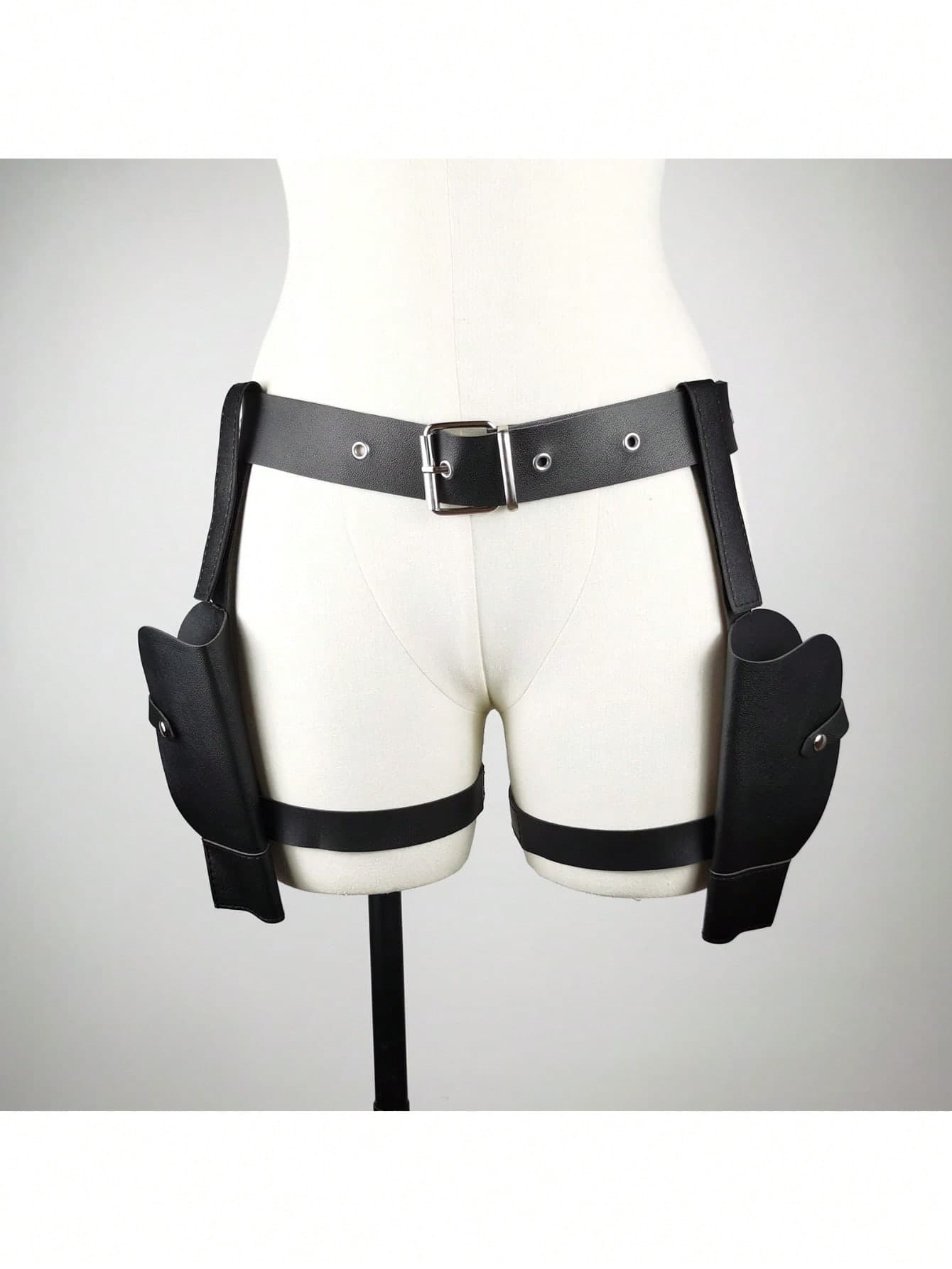 1pc Adjustable Western Cowboy Belt With Dual Holsters - Black Faux Leather Waistband, Golden-Tone Buckle & Rivets, Western Accessory For Role-Play, Cosplay, Cowboy Costumes (Holster Belt For Gun Props, No-Wash Care)