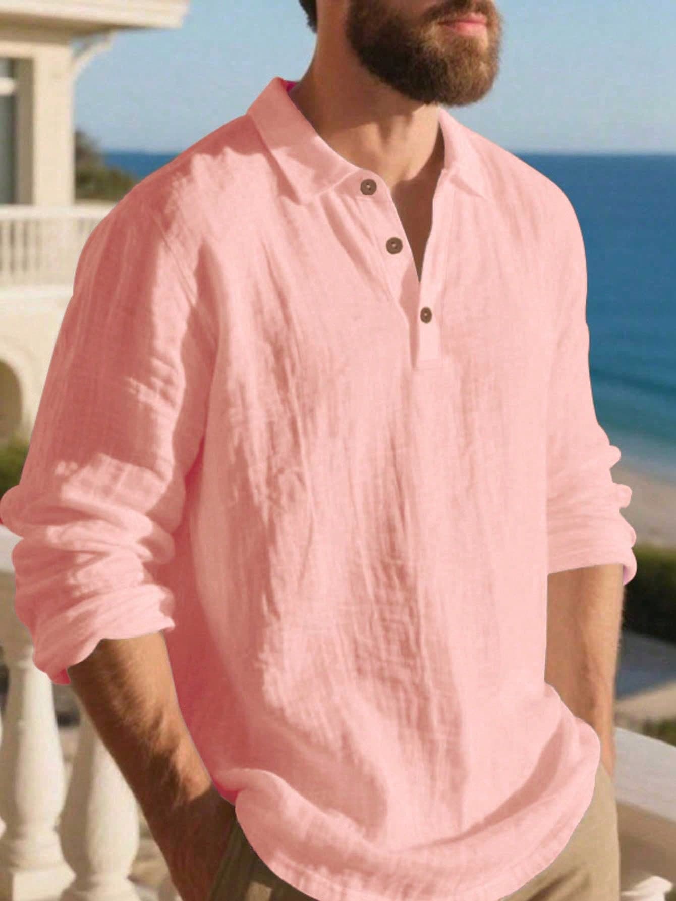 Loose Fit European & American Men's Summer Lightweight Breathable Sun Protection Light Pink Linen Long Sleeve Polo Shirt, Half-Button Design (Note: Summer Fabric Is Thin And Slightly Sheer, European & American Sizes Run Large, Sleeves Are Longer, Recommend Choosing One Size Smaller)