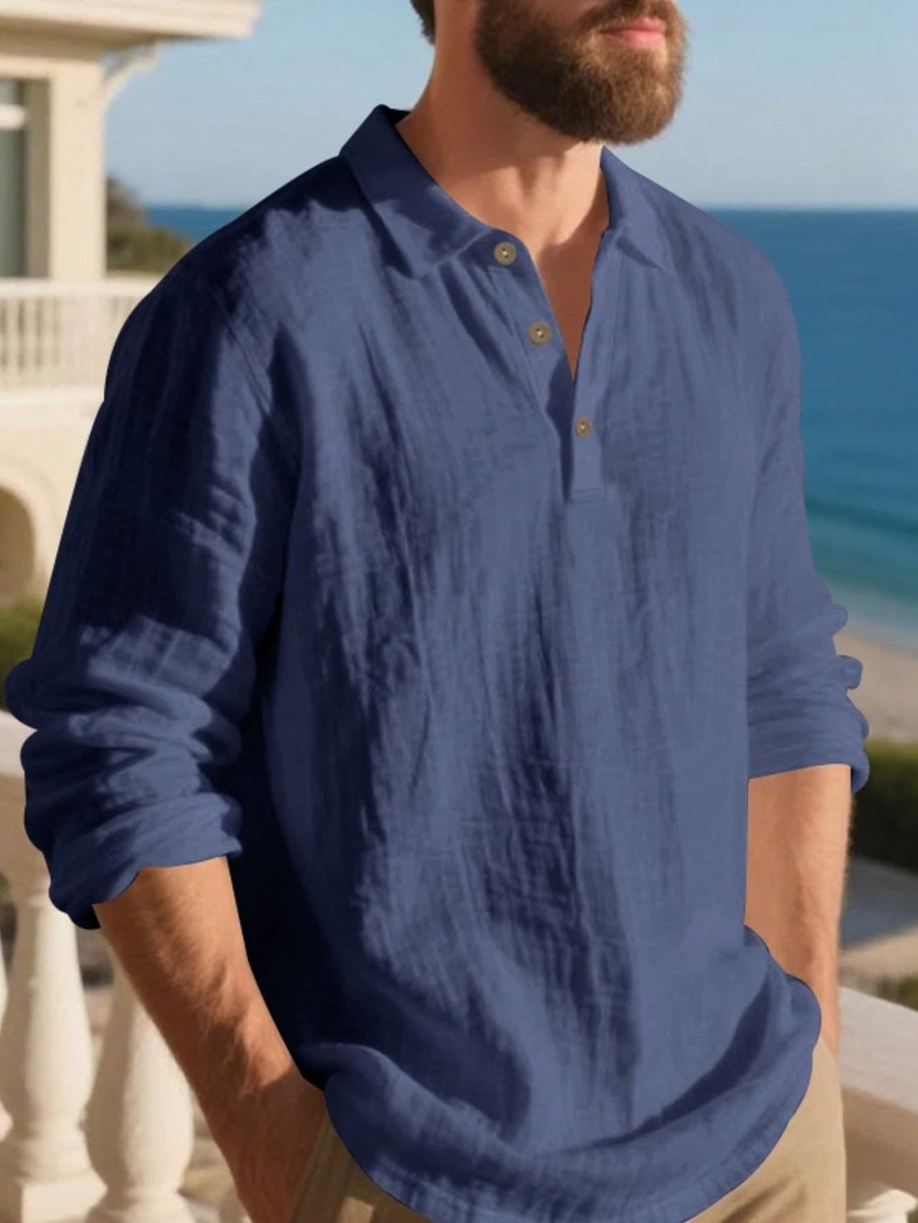 European & American Men's Summer Lightweight Loose Fit Sun Protection Navy Blue Linen Long Sleeve Polo Shirt, Half-Button Design, Breathable & Comfortable, Suitable For Beach, Outdoor Activities (Summer Fabric Is Thinner & Slightly Sheer; European & American Sizes Run Large, Sleeves Are Longer, Recommend Choosing One Size Smaller)