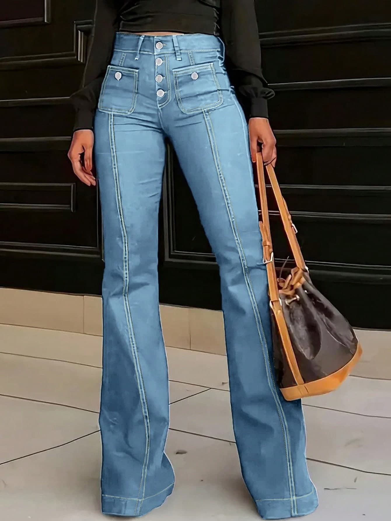 European And American Style New Mid-Waist Slim Fit Multi-Button Women's Flare Jeans Casual Spring