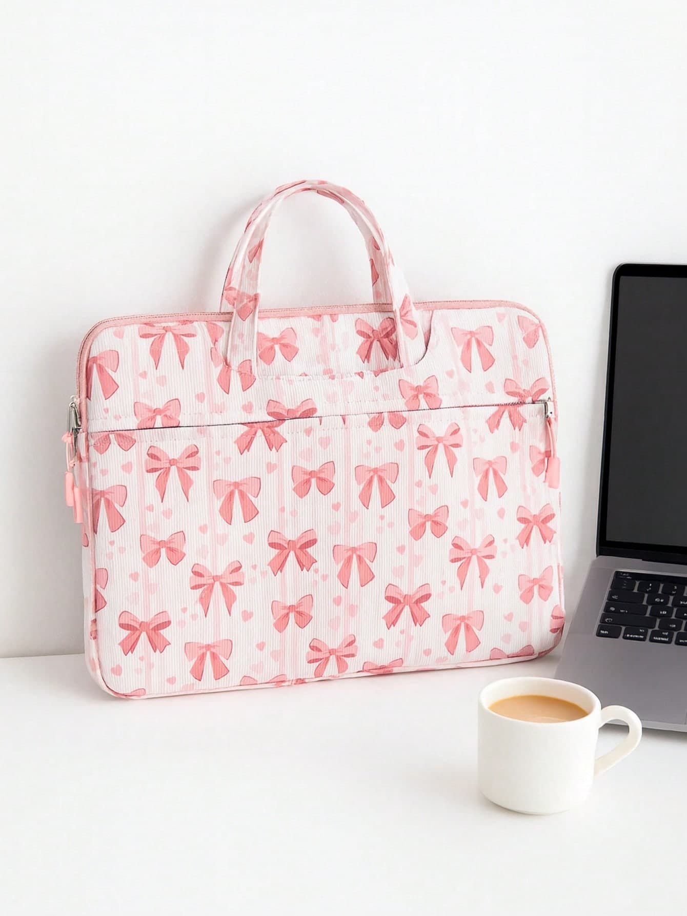 1pc Fashion Pink Ribbon Pattern 14-Inch Laptop Sleeve, Portable Laptop Bag With Top Handle, Quilted Soft Protective Case, Suitable For Work, Study, Commuting, Also A Great Gift For Girls. Laptop Sleeve, Laptop Case, Laptop Protective Cover, Water-Resistant For Travel, Unisex Laptop Bag, Laptop Sleeve, Laptop Case, Laptop Protective Cover, Essential For Travel.