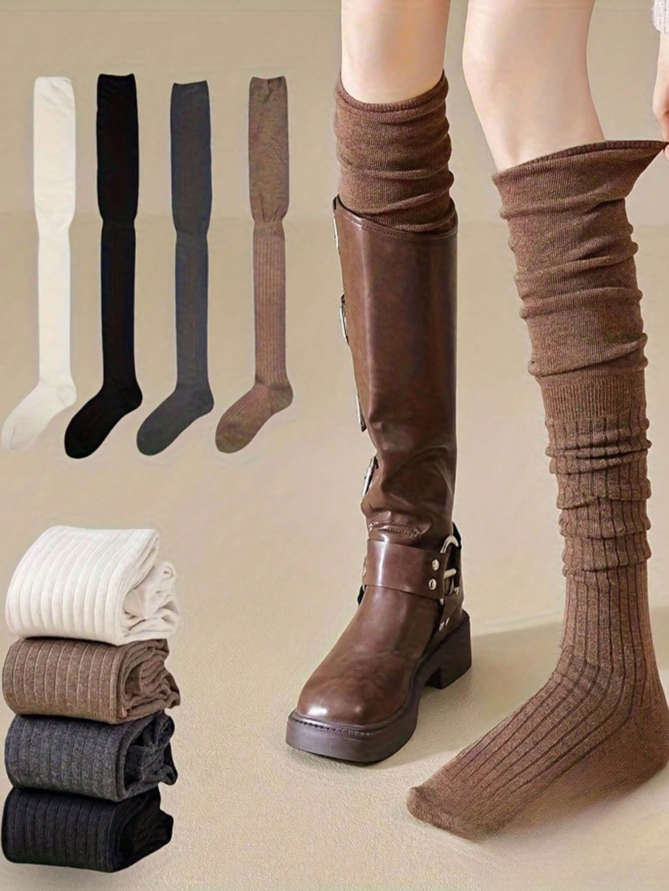 4 Pairs Women's Thigh High Socks, High Stretch Thin Over-The-Knee Socks, Solid Color Patchwork Design, Machine Washable & Dry Cleanable, Versatile & Fashionable, Novel & Unique, Versatile Clothing Accessory, Fashionable Design, Made Of High Elastic Fabric, Comfortable To Wear.