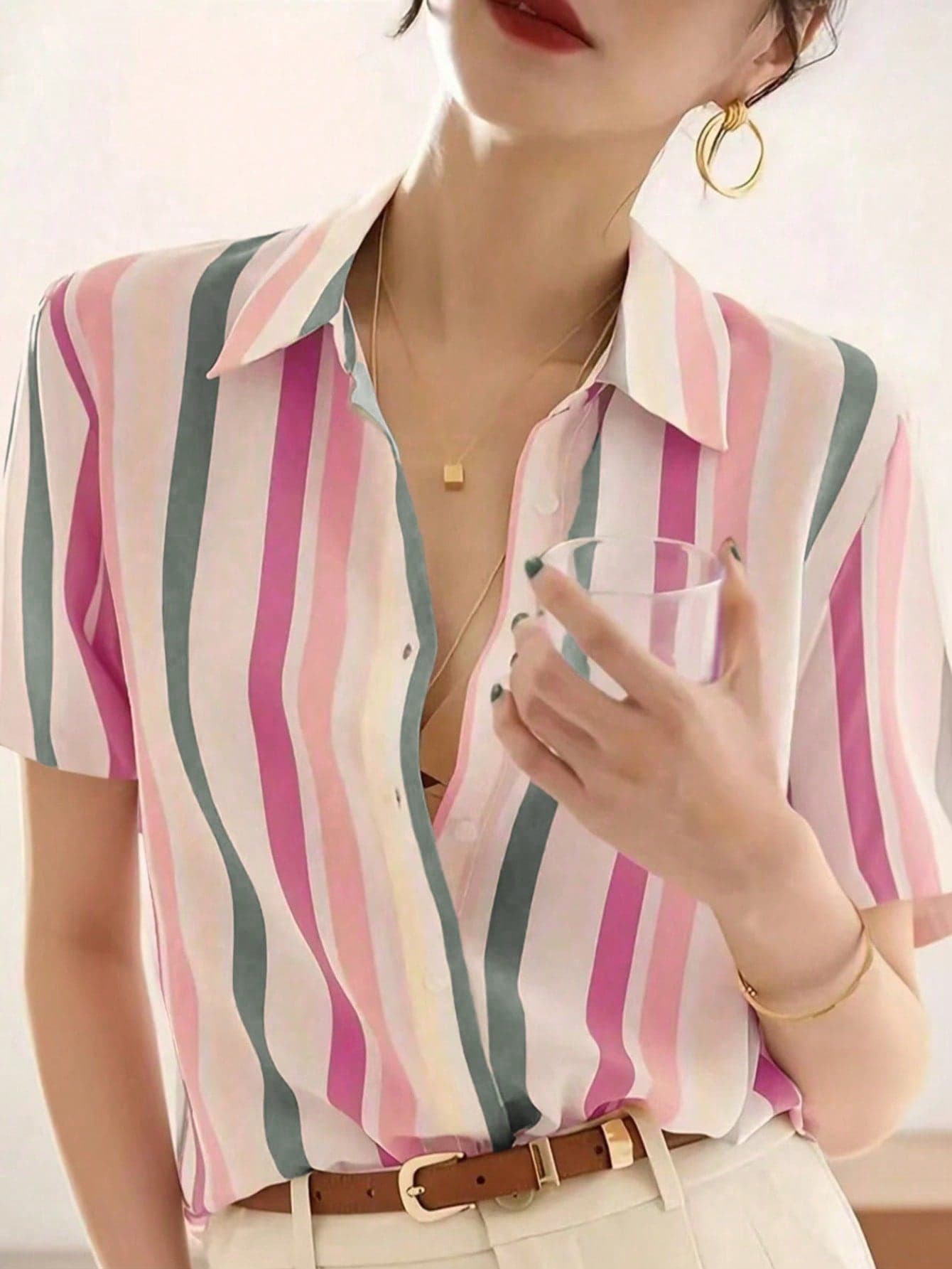Contrast-Color Pocket Button-Up Short Sleeve Striped Shirt Summer Red