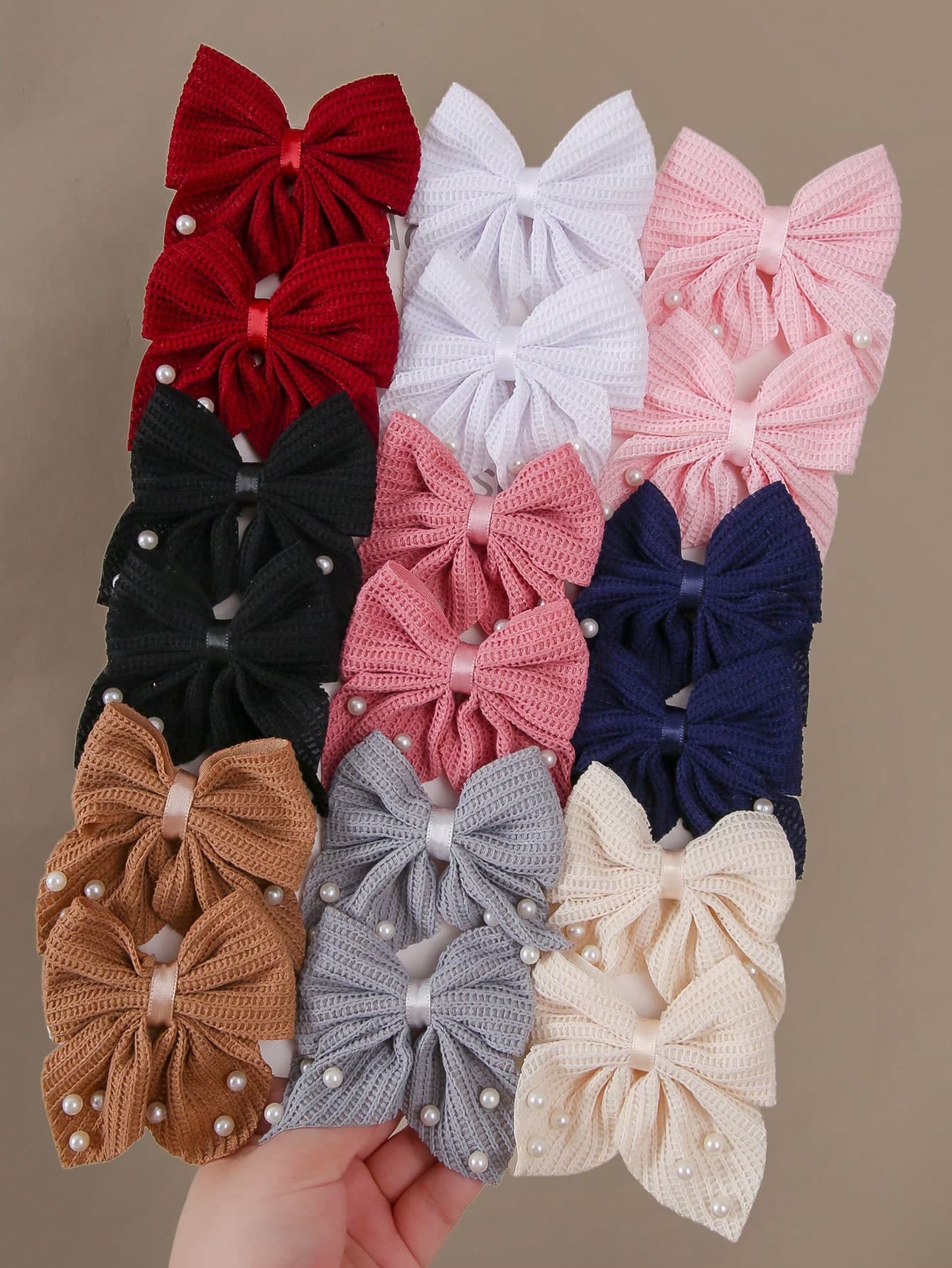 10pcs Girls Multicolor Knitted Fabric Pearl Bowknot Hair Clips, Cute Versatile Barrettes, Simple Non-Damaging Hair Accessories, Suitable For Daily Use