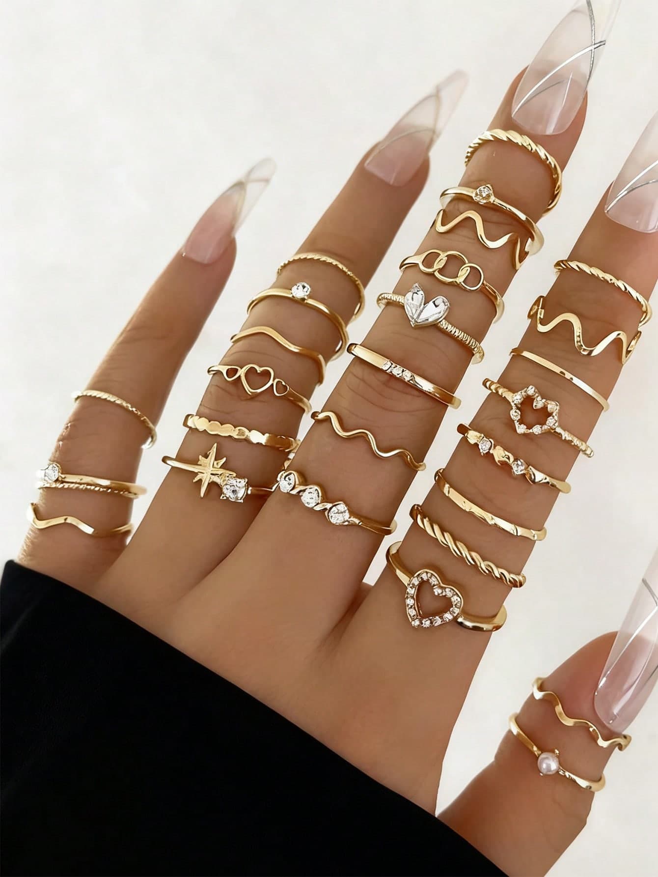28pcs Minimalist Rhinestone Heart & Wave Geometric Gold Knuckle Rings Set (Ring Diameter 1.6cm-1.8cm, Suitable For Finger Joints)
