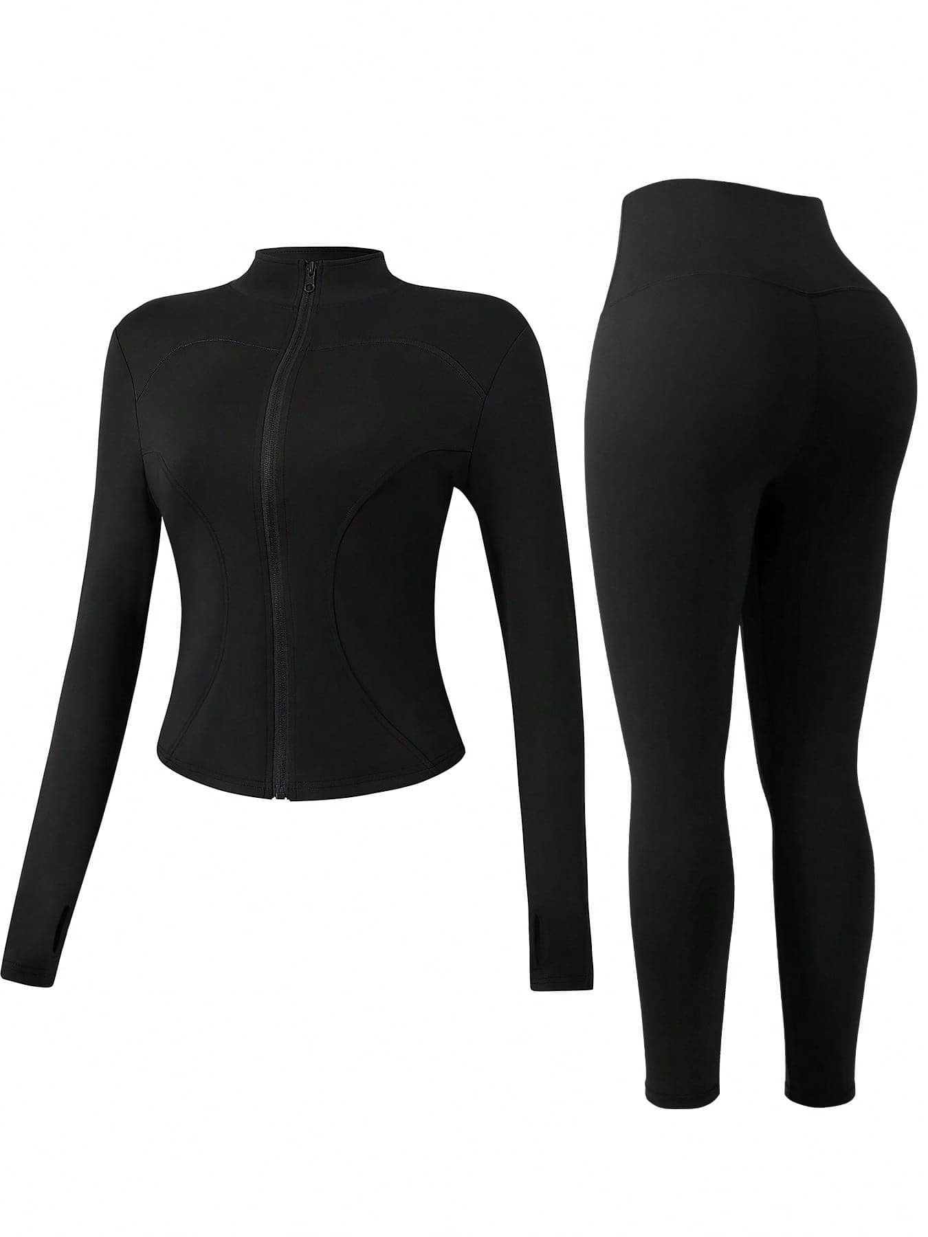 NcmRyu 1 Set Women's Fashion Elastic Zipper Casual Stand Collar Design Waist Cinching Butt Lifting Fitness Yoga Sportswear Set Black Spring