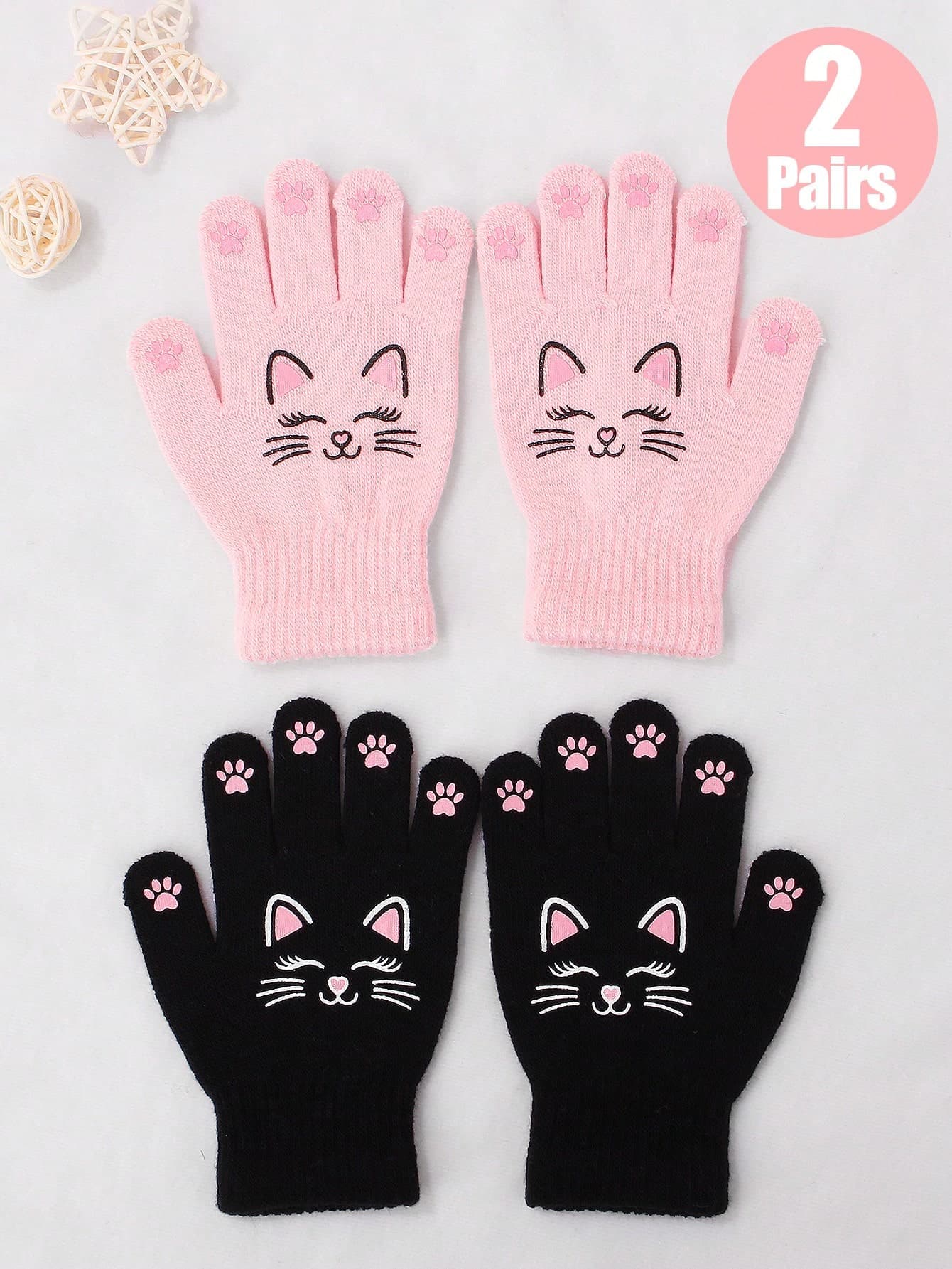 2 Pairs Girls' Cat & Rabbit Pattern Knitted Warm Gloves, Suitable For Outdoor Activities And Daily Use, Autumn/Winter