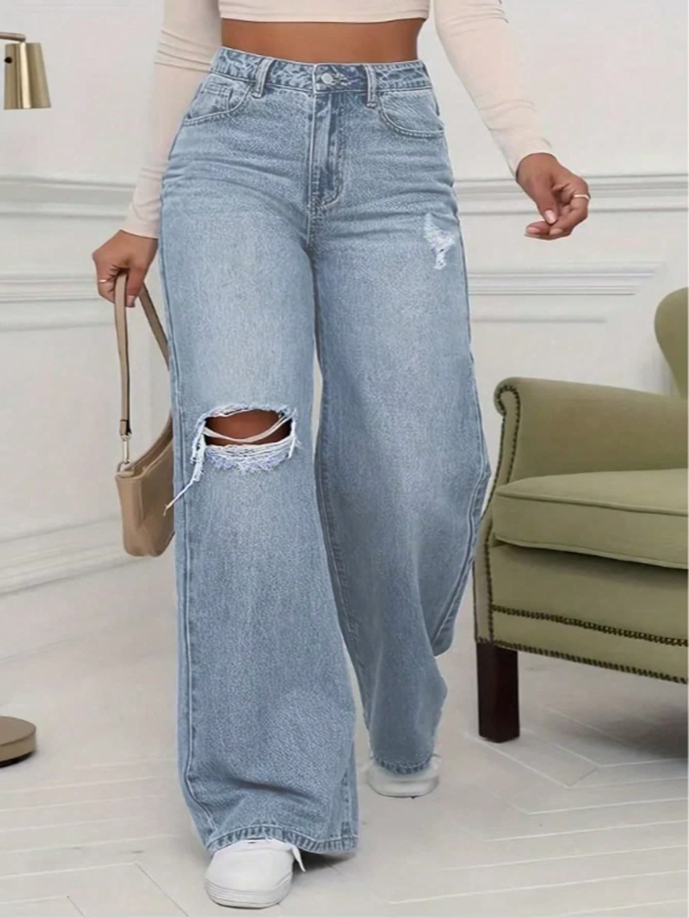 High Quality Casual Distressed Pocket Design Wide Leg Jeans Spring