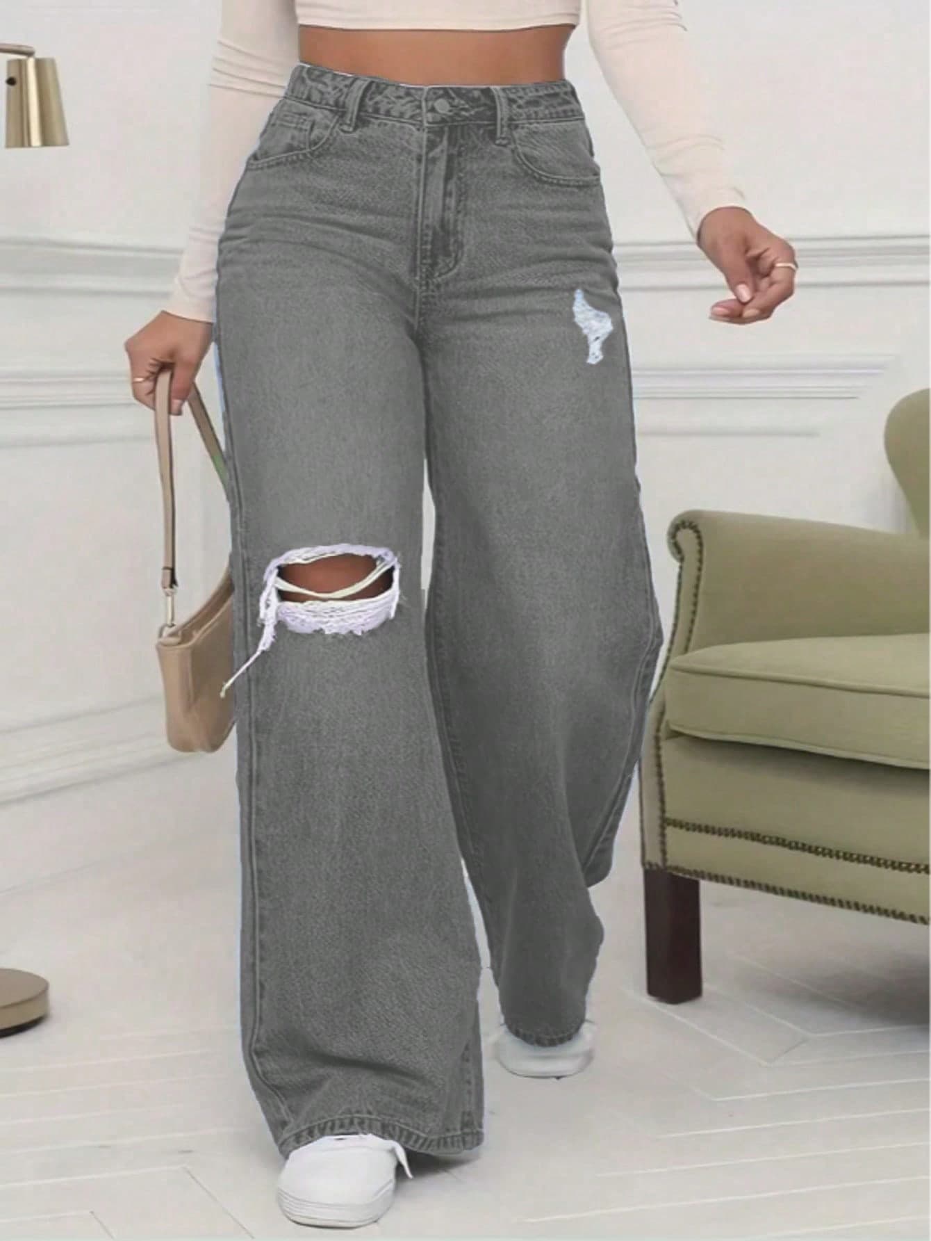 High Quality Casual Distressed Pocket Design Wide Leg Jeans Spring