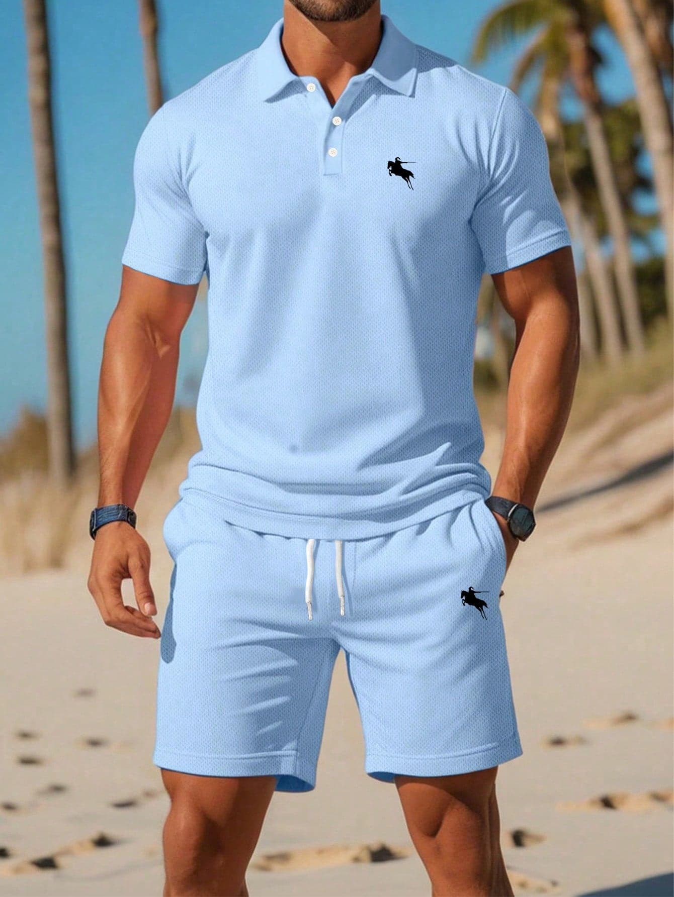 2pcs/Set Men's Knight Logo Short Sleeve Casual Commute Loose Polo Top And Drawstring Shorts Set, Light Blue, Suitable For Summer, Beach, Home And Outdoor