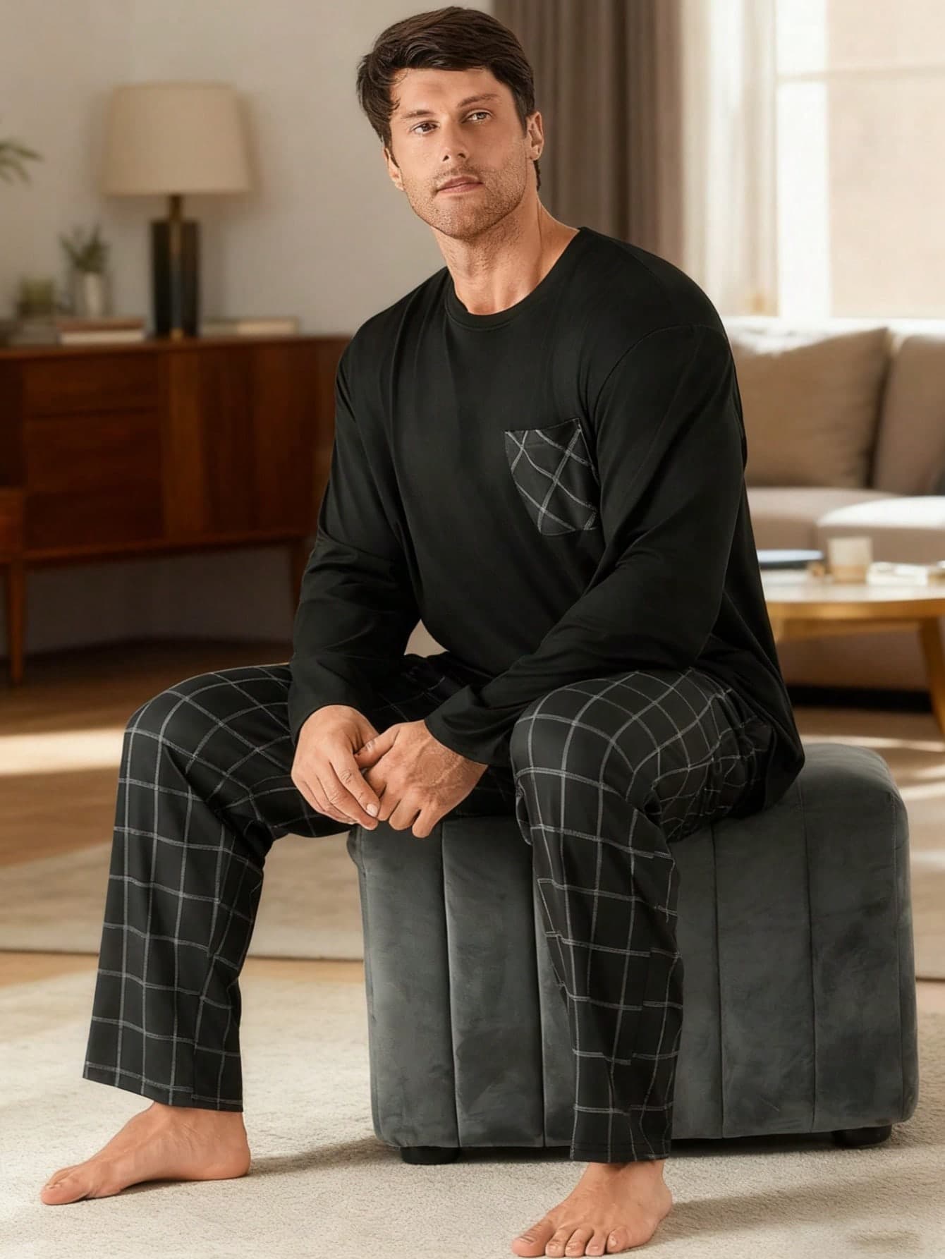 2pcs Men's Plus Size Casual Loose Minimalist Pullover Sweatshirt With Pockets & Plaid Lounge Pants Pajama Set, Suitable For Spring, Autumn, Winter, Valentine's Day Gift