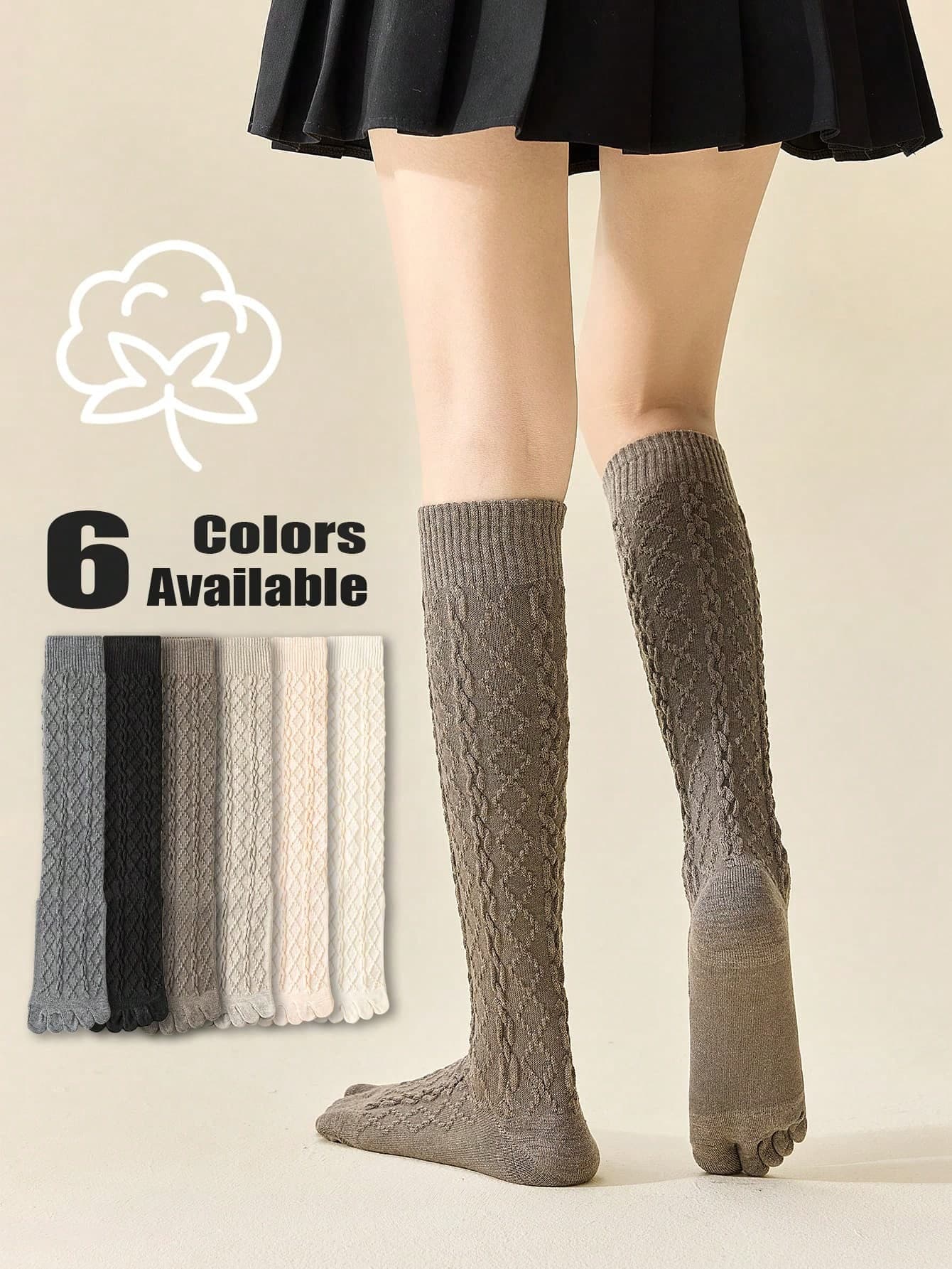 1/3/6 Pairs Women Solid Color Two-Toe Socks, Five-Finger Socks, Autumn/Winter Merino Color Versatile Mid-Calf Socks, Women Diamond Grid Toe Socks