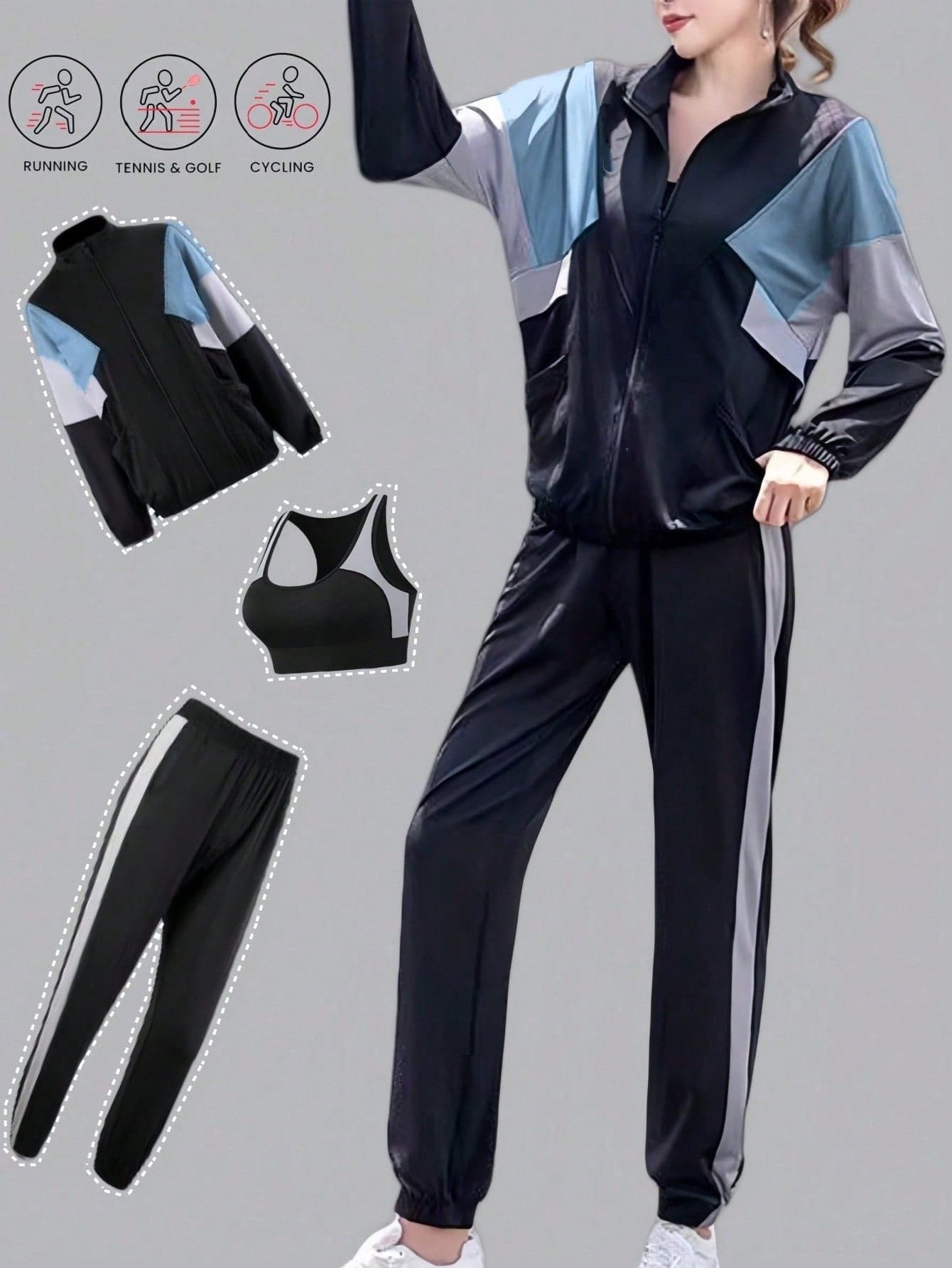 3pcs Women Sports Set, Zipper Splice Hoodie And Harem Pants, Outdoor Running Gym Workout Outfit Spring