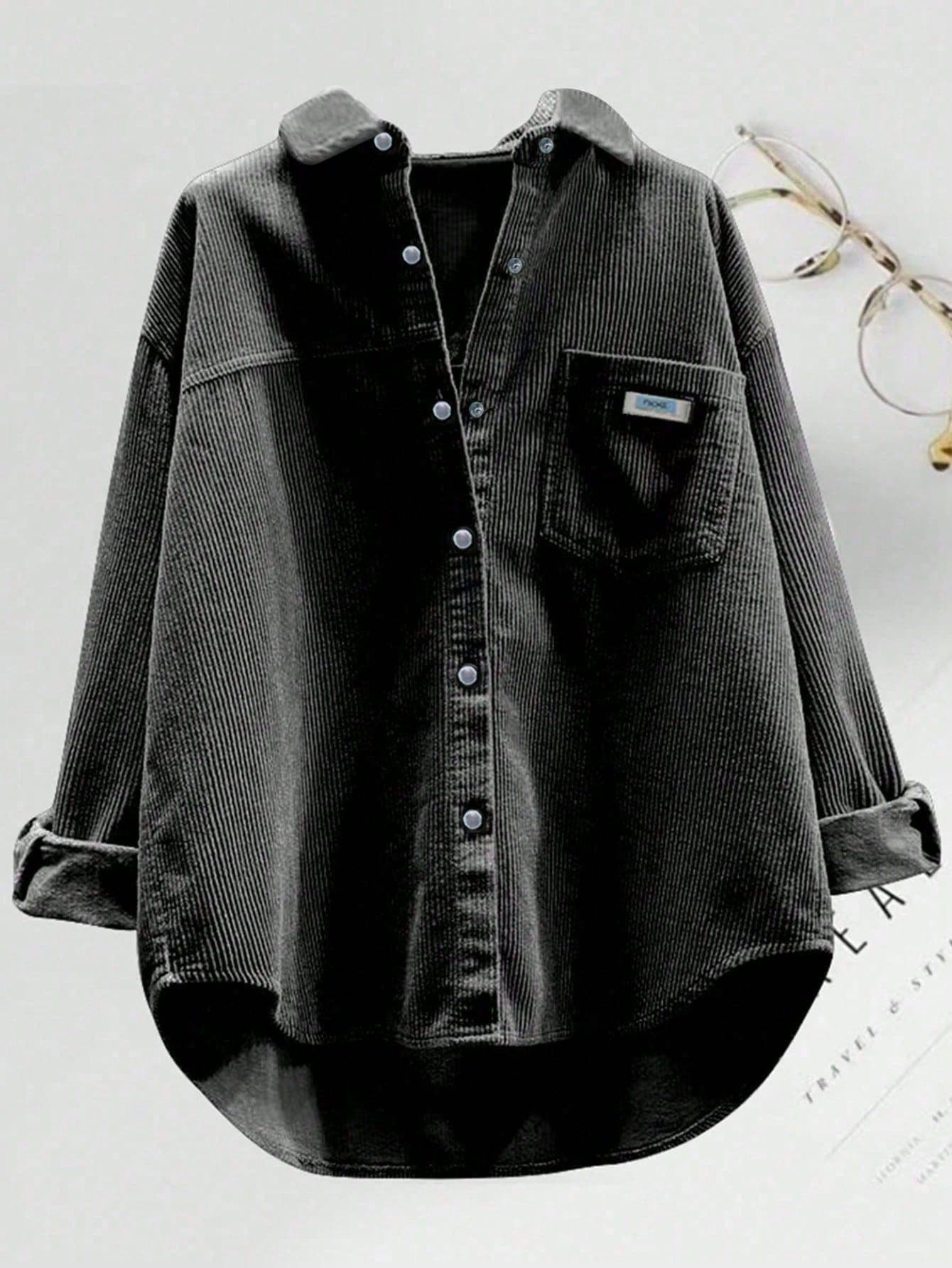 Plus Size Women's Fashion Corduroy Shirt, Long Sleeve, Collar, Front Button, Drop Shoulder Design, Asymmetric Hem Black