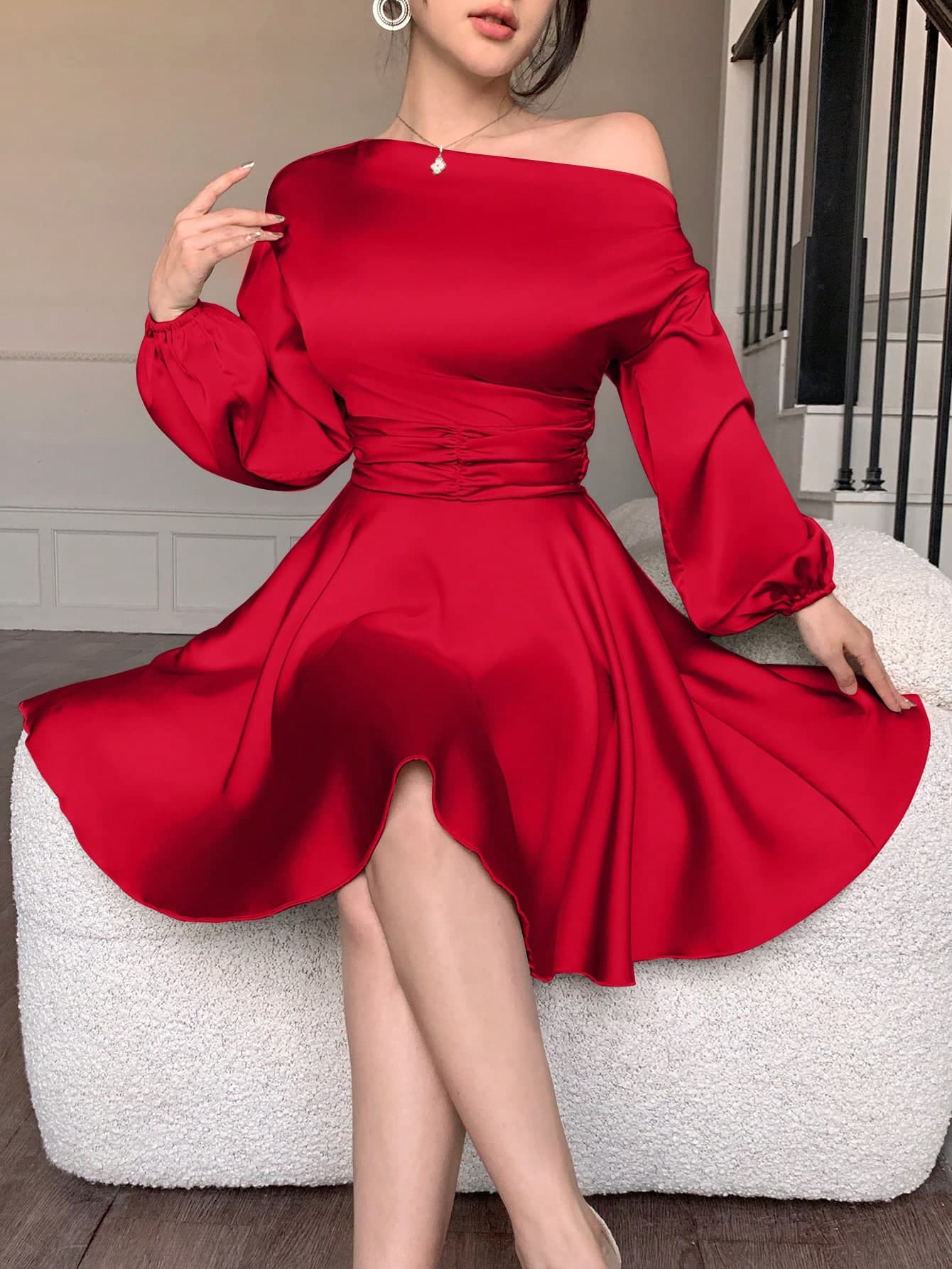 abyoxi Women's Red Satin Asymmetric Neck Puff Sleeve Ruched Waist Ruffle Hem Mini Dress, Elegant Sexy Romantic Youthful Hot, Suitable For Party, Date, Wedding, Daily Outing, Graduation, Formal Occasion, Spring Summer Autumn Winter Short Dress