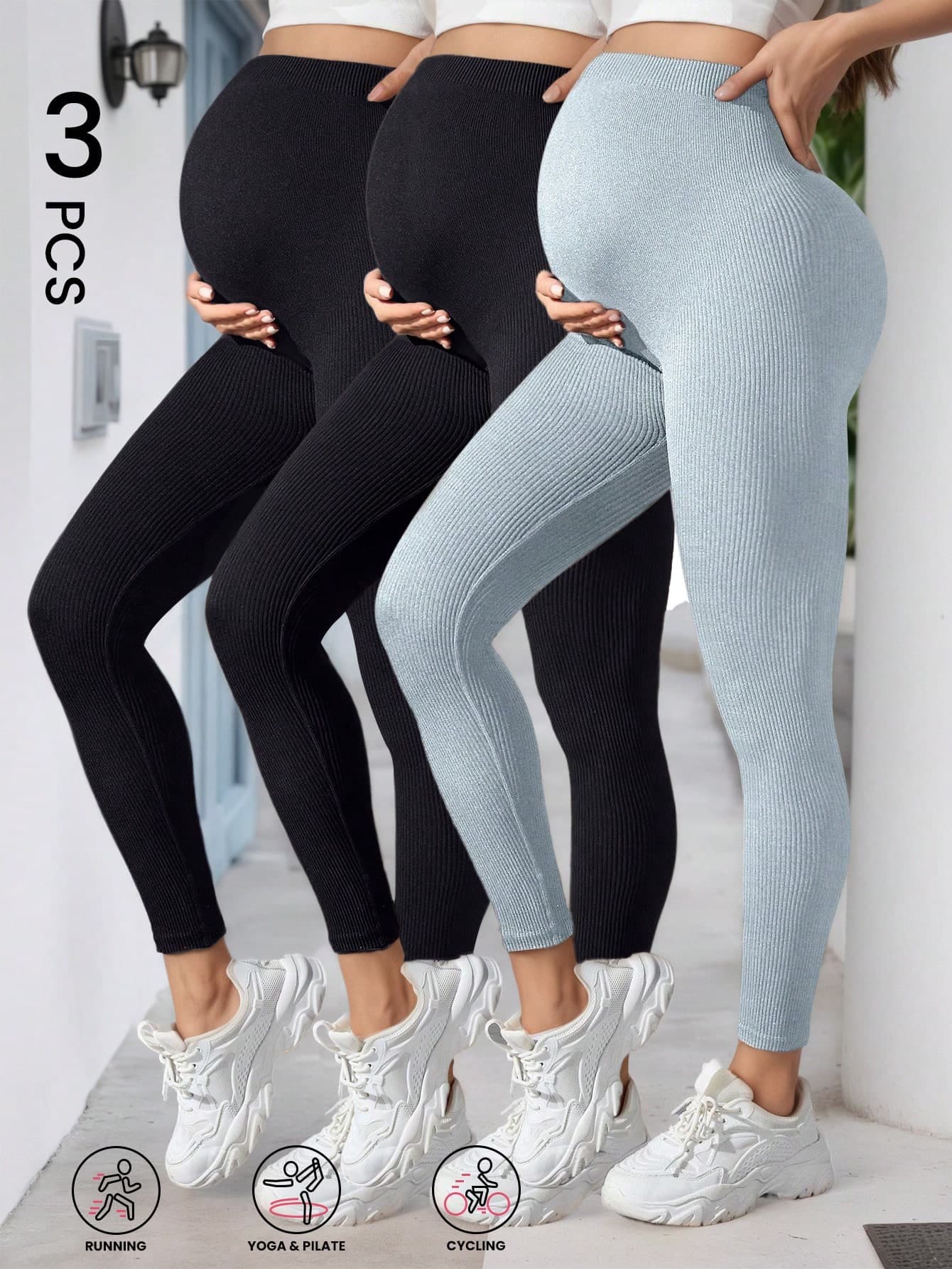 3pcs Maternity Casual Leggings Set, Suitable For Autumn, Winter And Spring Outdoor Wear Sports