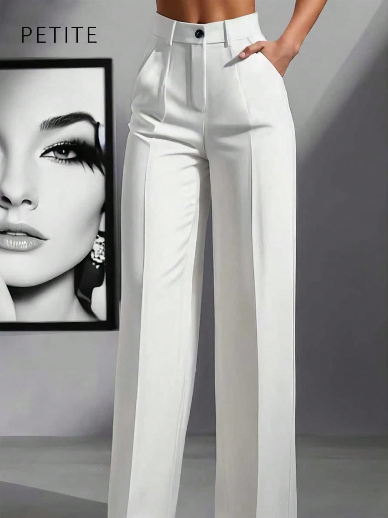 Women's Casual Commuter Solid Color Slant Pocket Straight Leg Pants, Suitable For Office White Spring ,Petite Women