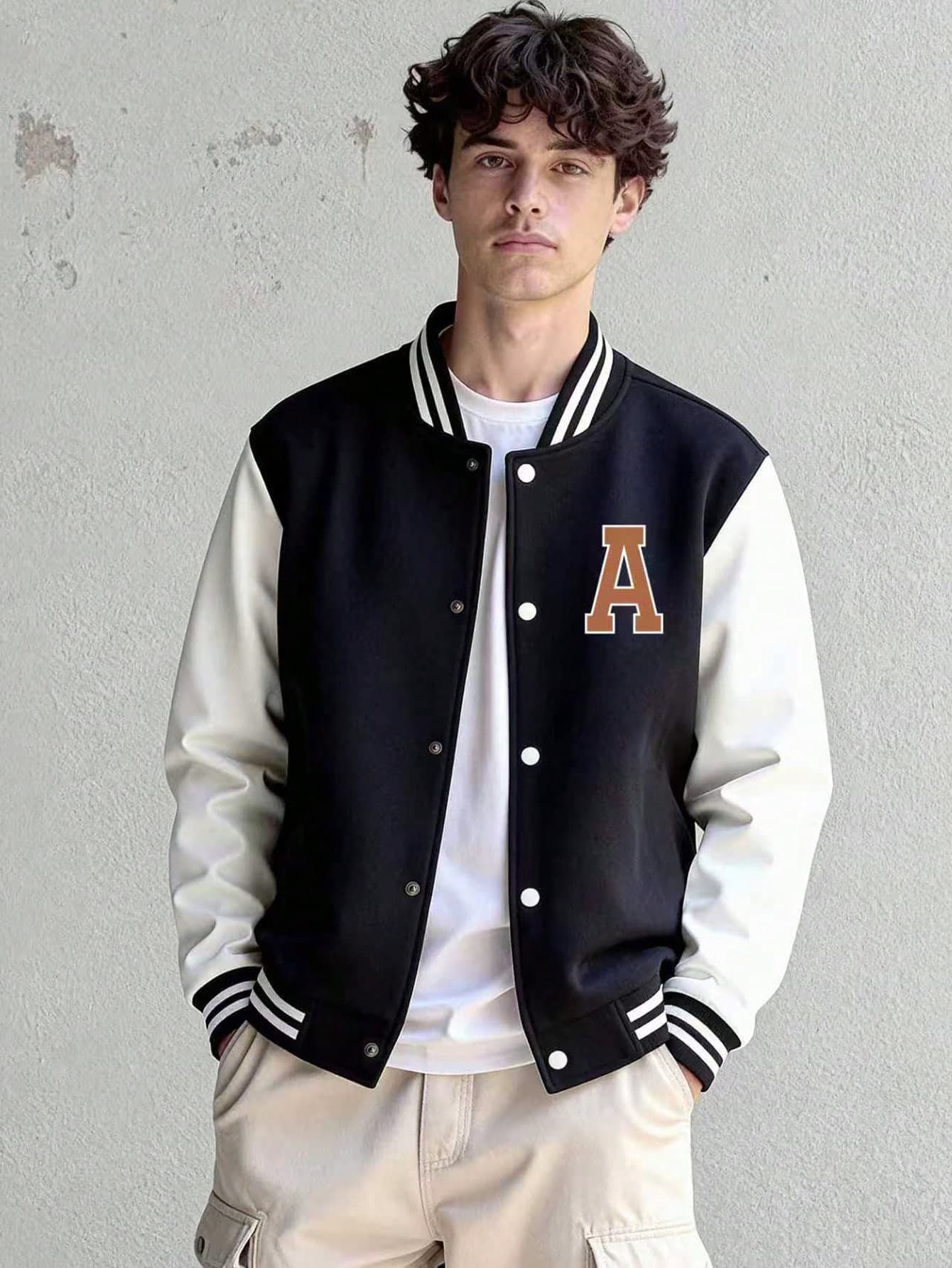 1pc Teenager Boys Casual Loose Fit Contrast Color Letter Print Zip-Up Baseball Jacket, Autumn/Winter