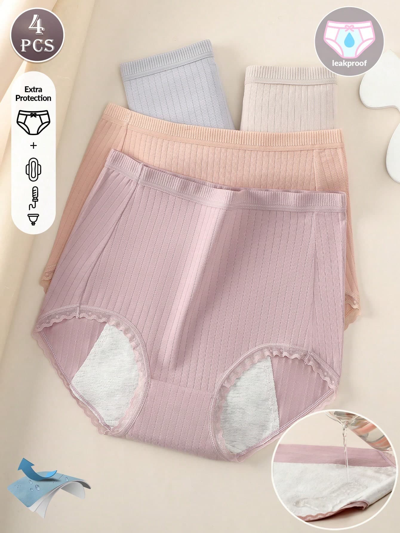4pcs/Pack High Waist Abdomen Control Menstrual Panties, Women Cotton Leakproof Lace Trim Safety Shorts