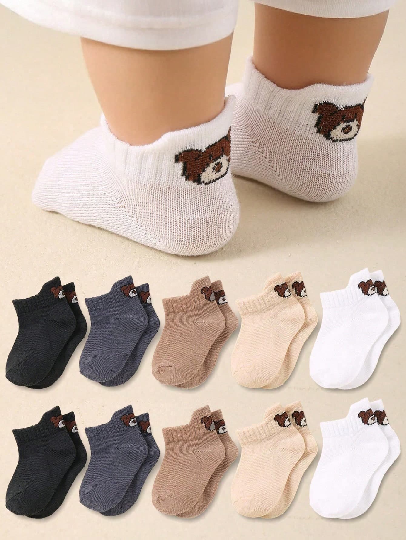 10 Pairs Baby Socks With Heel, Elevated Design, Cute Bear Pattern, Suitable For 0-3 Years Old Babies, Unisex, Non-Slip, Breathable, Comfortable For Daily Wear, 0-36 Months, All Seasons, Indoor & Outdoor, Baby Socks, Newborn Socks, Toddler Socks, Anti-Slip Socks, Newborn Gift, Christmas Gift, Newborn Essential