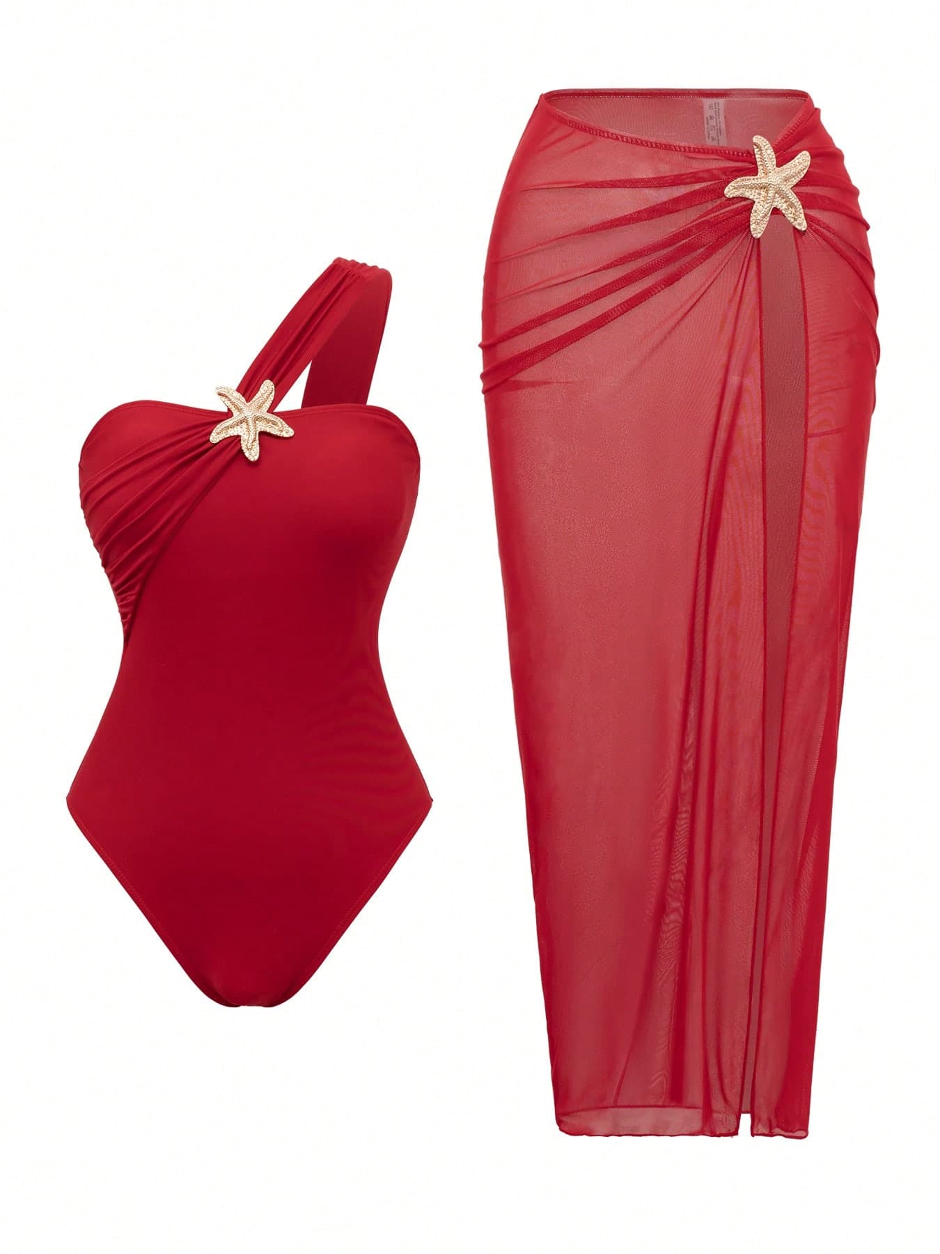 Stylish High-End Beach Holiday Summer Sexy Black One-Piece Star Decoration Swimwear And Skirt Set Vacation Red