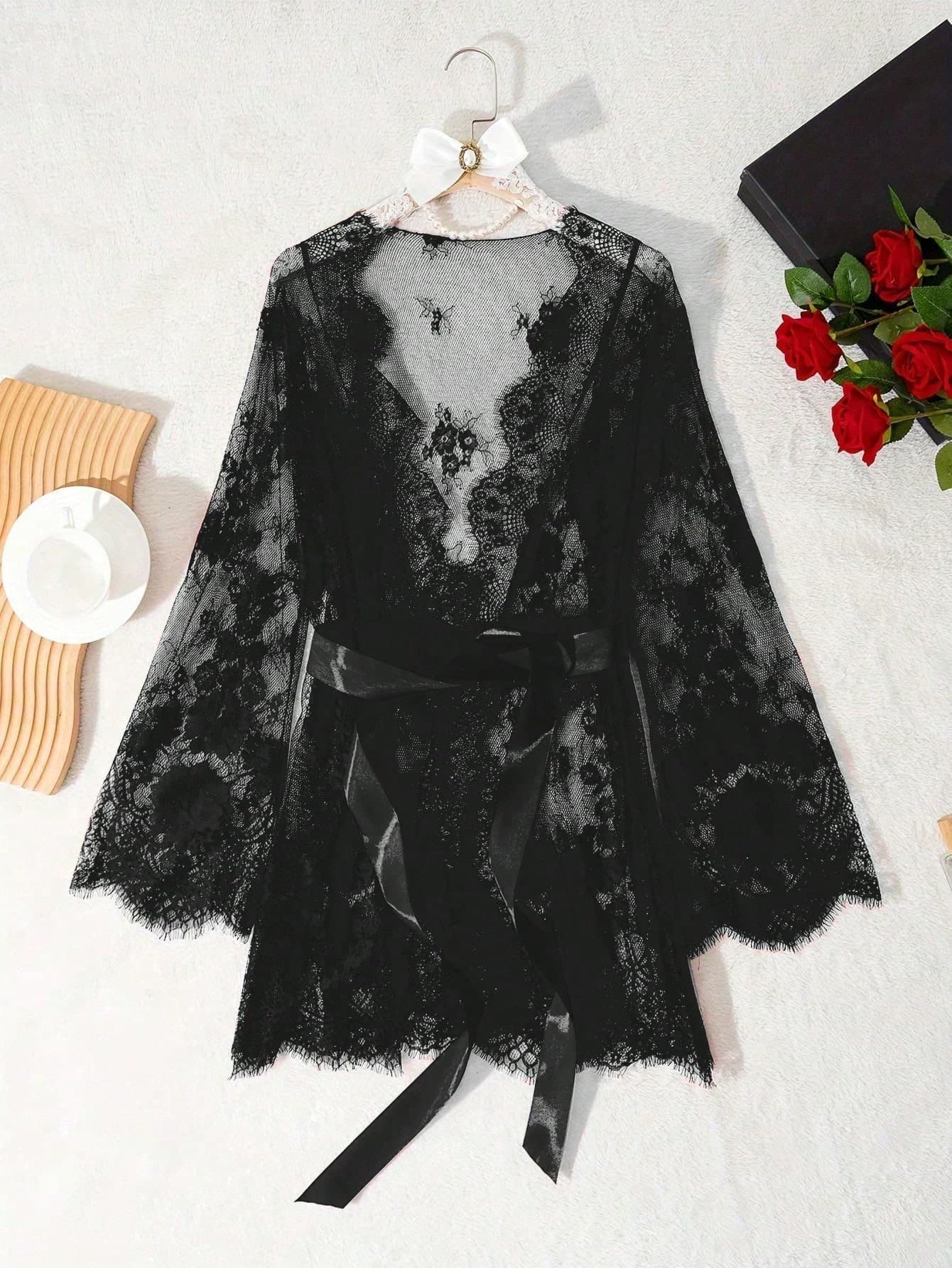 Plus Size Sexy Red Lace Lingerie, Sheer Tie-Front Elegant Long Sleeve Nightgown