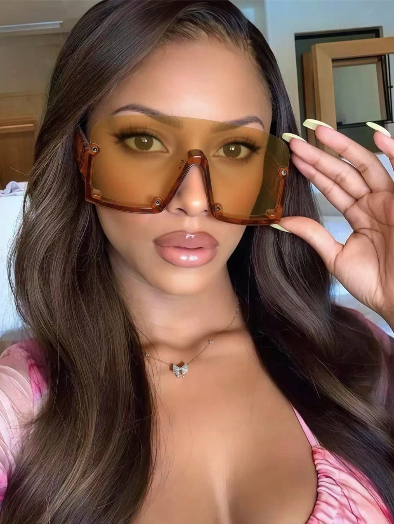 1pc Large Frame Studded Solid Shield Wrap Around Rimless Y2K Christmas Party Rock Street Chic Stylish Fashion Glasses, Fashionable Accessory For Autumn/Winter