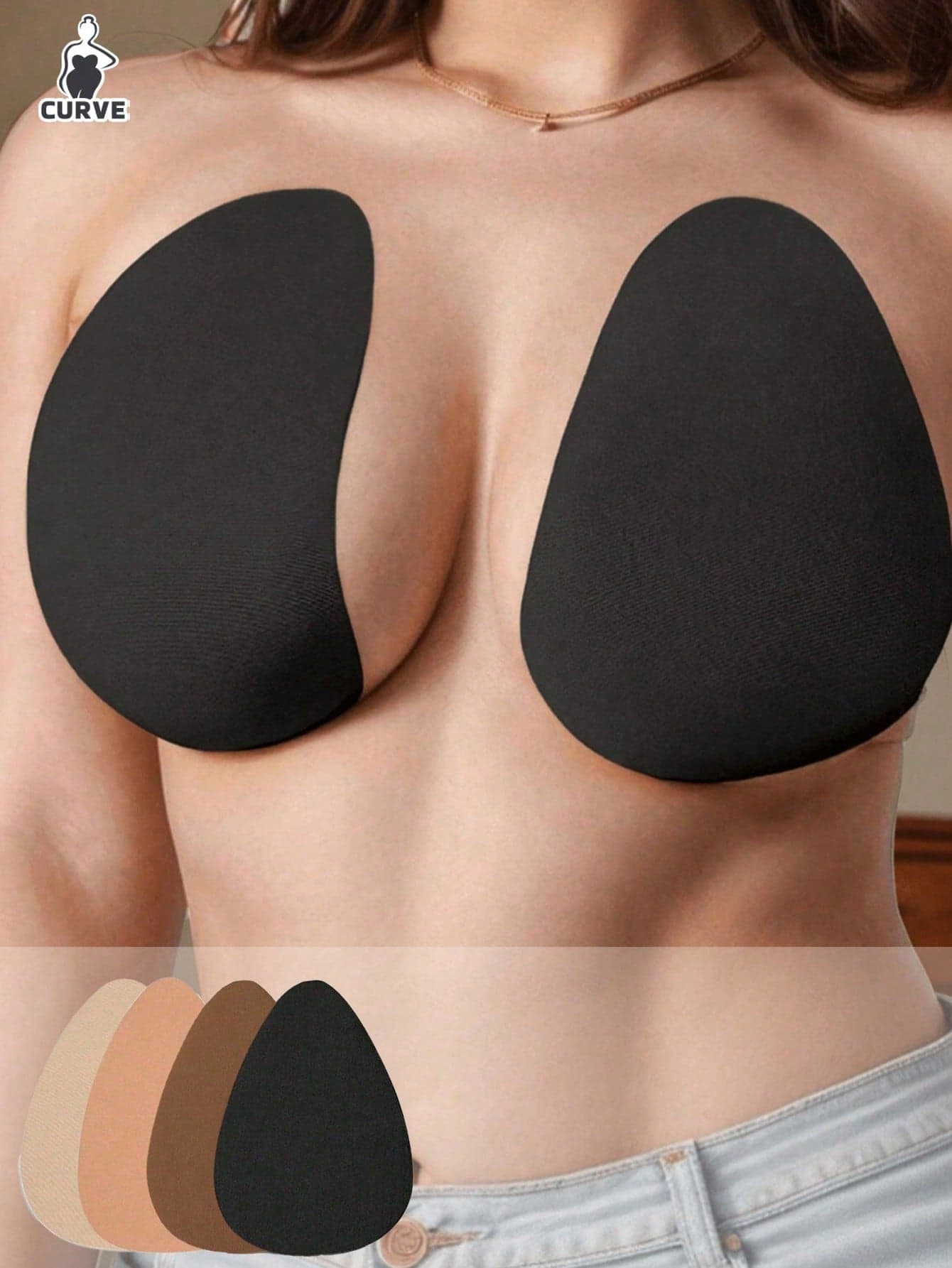 4pcs/2 Pairs Plus Size Invisible Lift Adhesive Bra Tape, Water Drop Shape, Suitable For B-E Cup, Beige, Brown, Coffee, Black