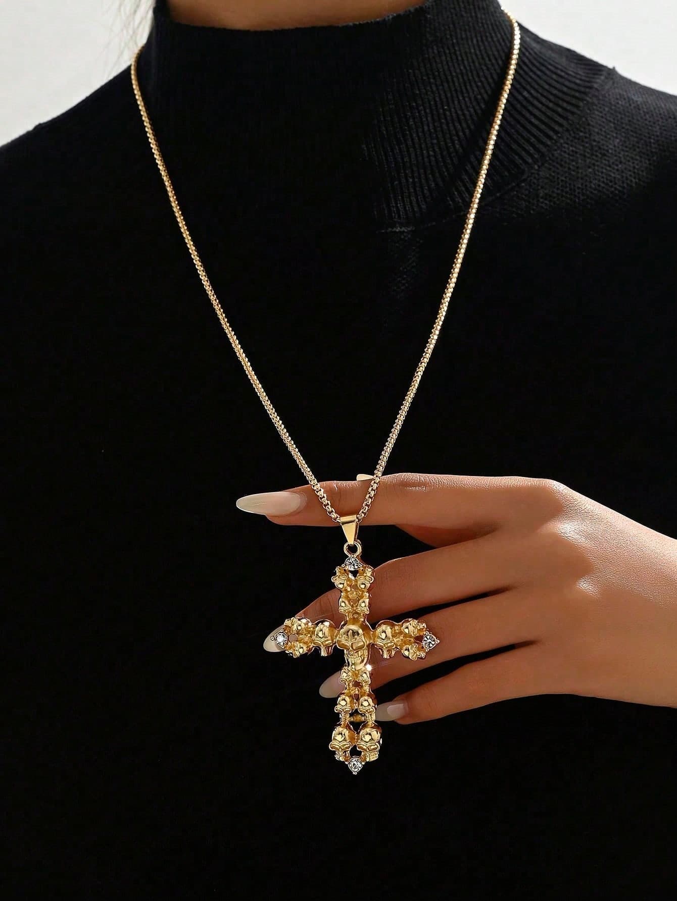 1pc Vintage Baroque Skull Relief Unconventional Design Pendant Cross Necklace Suitable For Women's Daily Wear