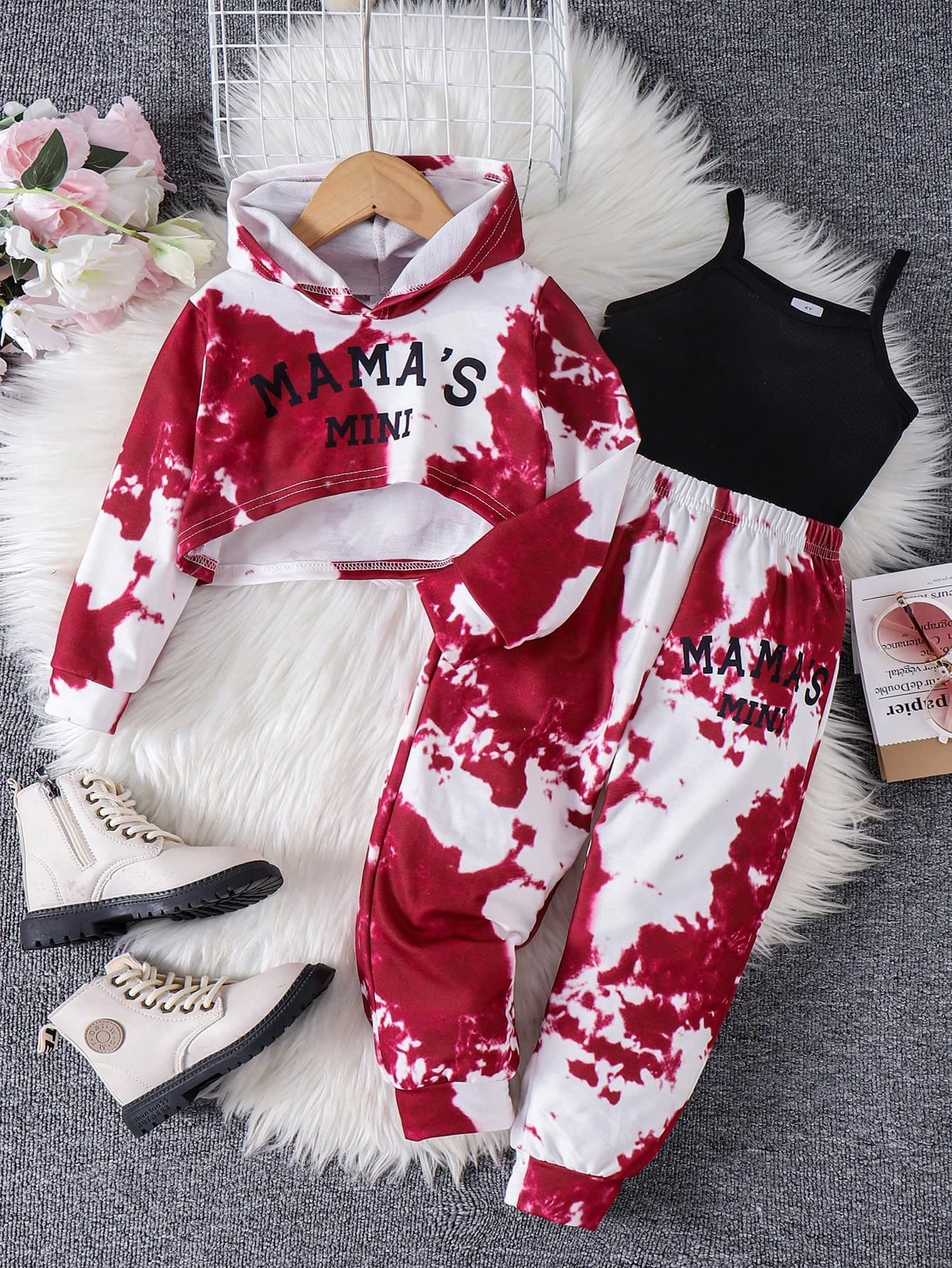 3pcs Girls Tie-Dye Print Long Sleeve Hoodie, Camisole, And Pants Set, Street Style Sports Outfit, Autumn/Winter