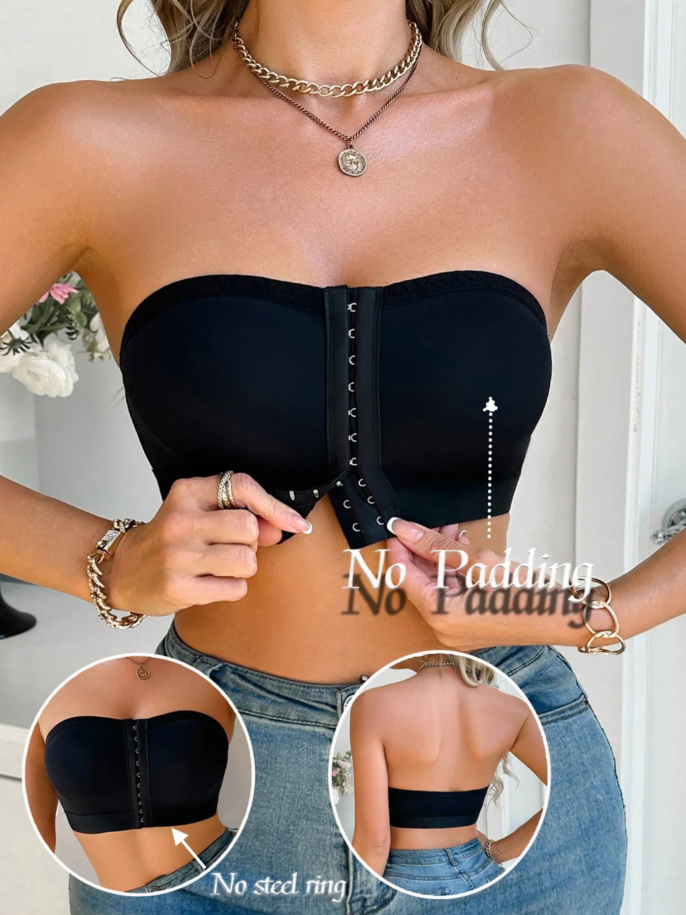 1pc Solid Color Casual Comfortable Minimalist Knitted Fabric Front Button Closure Wireless Bra, Suitable For All Seasons