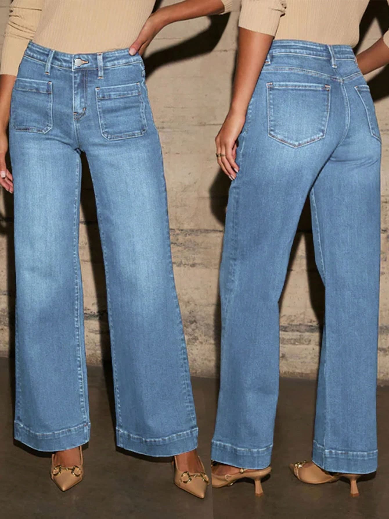 Casual Fashion Women's Washed Denim Straight Leg Pants, With Pockets, Medium Stretch, Elegant Basic Daily Wear