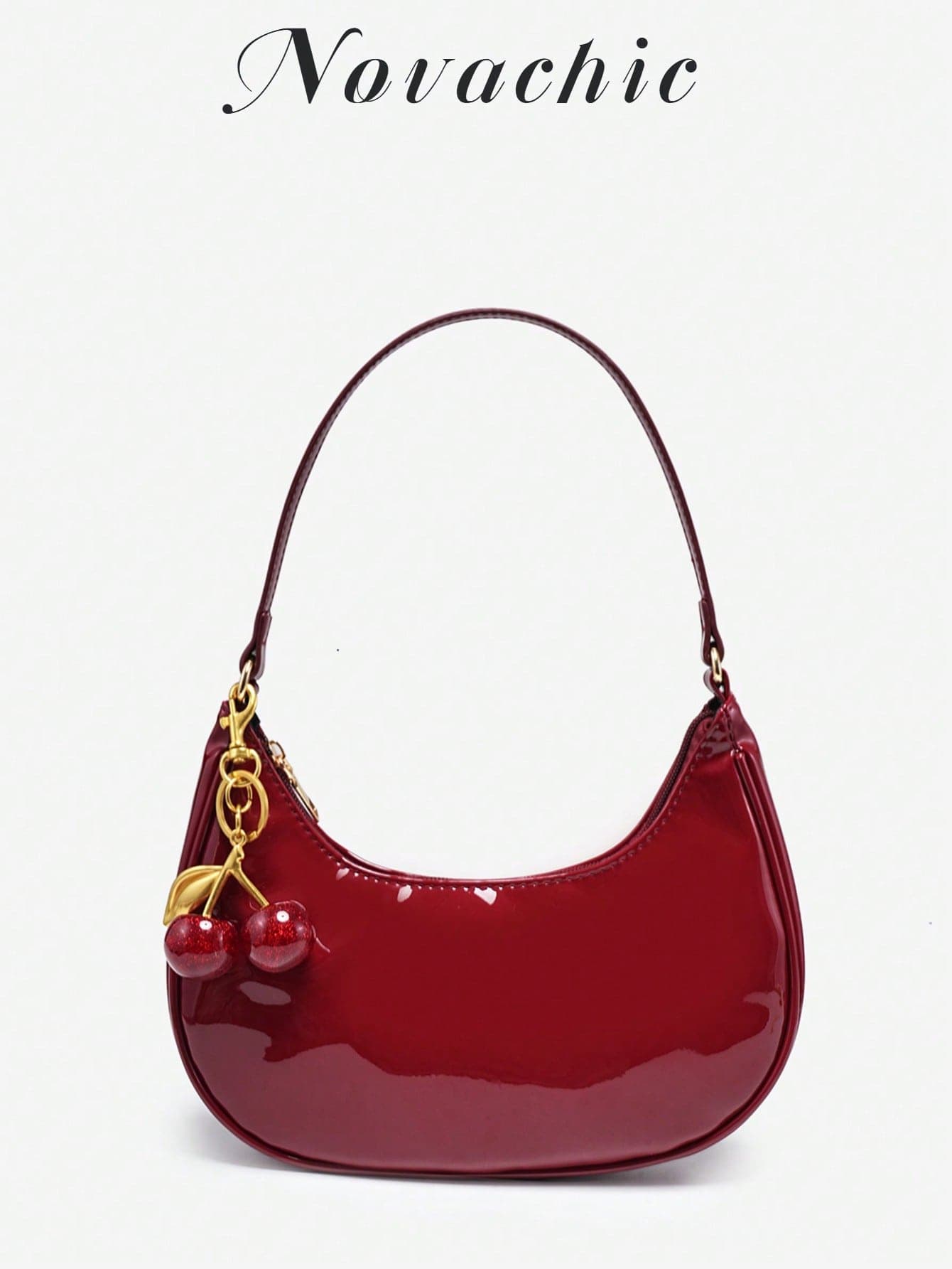 1pc Novachic Glossy Patent Leather Cherry Decor Accent Minimalist Shoulder Bag, Zipper Closure, Vintage Style, Underarm Bag, Suitable For Various Occasions, Burgundy , Red Bag , Burgundy Bag