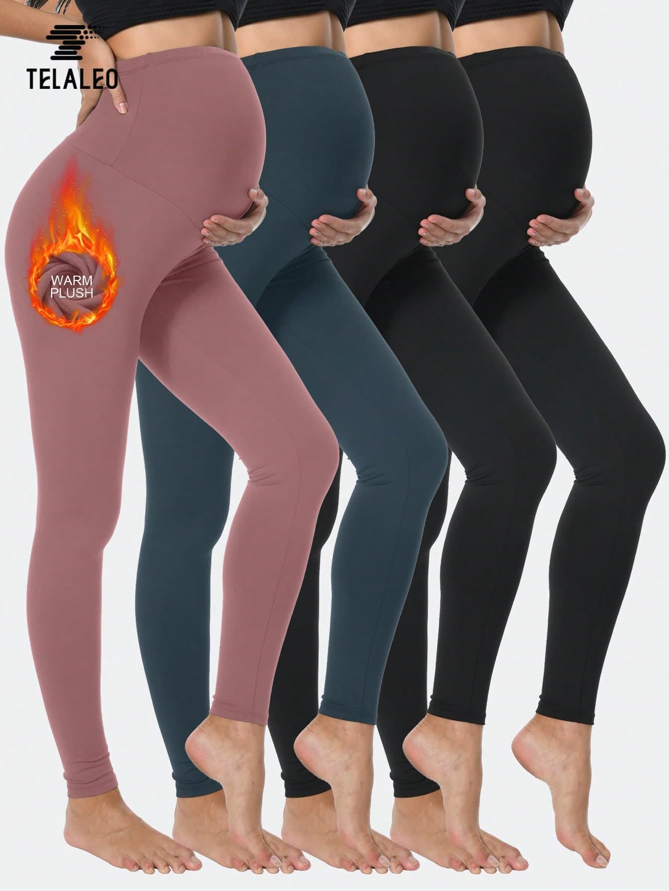 TELALEO 4 Packs Women's Maternity Thermal Leggings Over The Belly, High Waisted Winter Yoga Pants Pregnancy Workout Activewear Sports