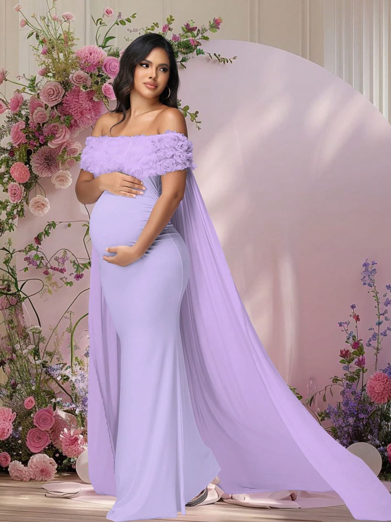 JustVH Maternity Floral Off-Shoulder Dress, Suitable For Baby Shower, Mesh Cape-Style Long Dress, Can Be Used As Photography Prop Spring