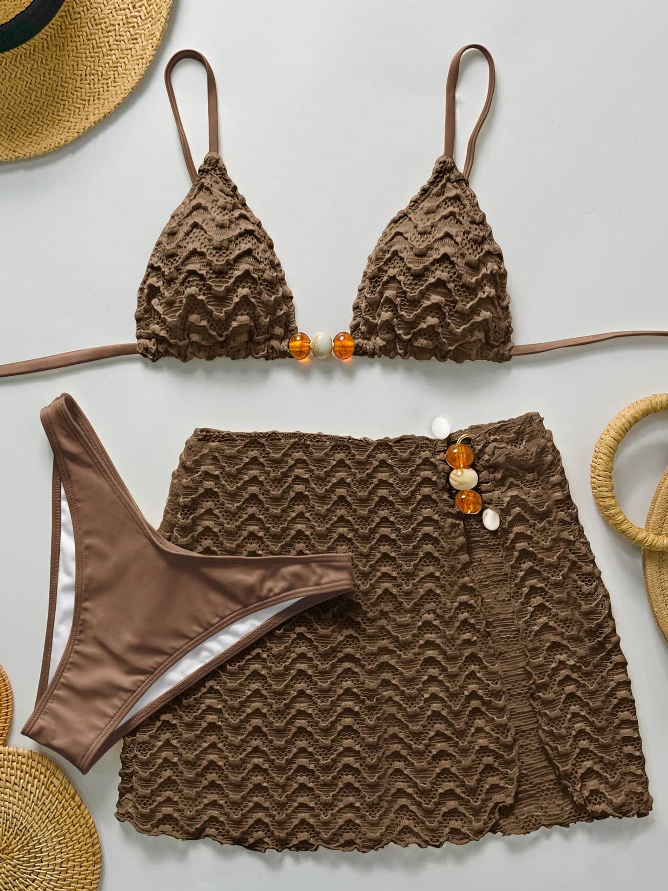 Bikinx 3pcs Women's Brown Bikini Set With Beaded Details And Slit Sarong, Backless Textured Swimwear Vacation Beach Summer