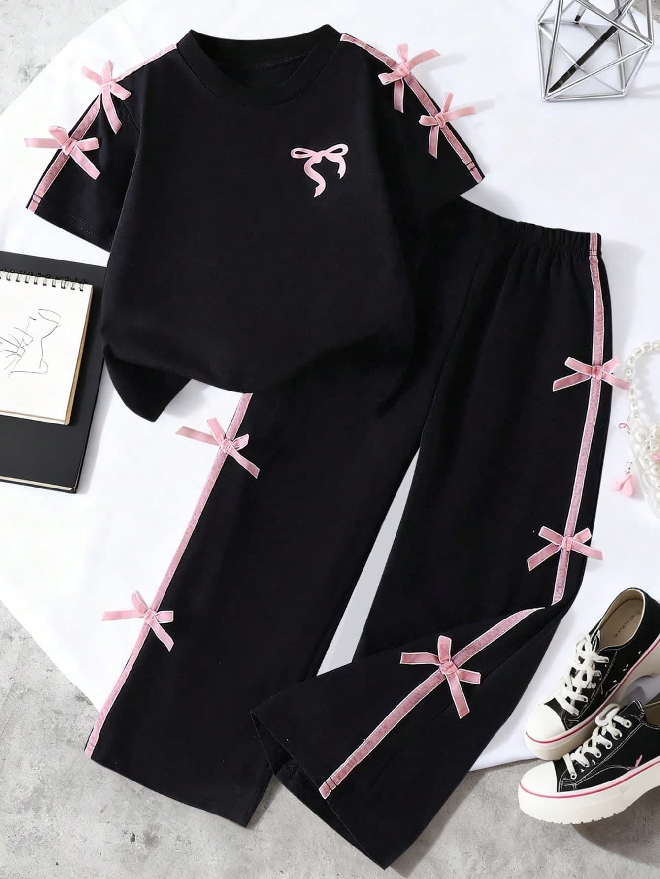 Tween Girl Bow Print Round Neck Short Sleeve Top And Pants Set