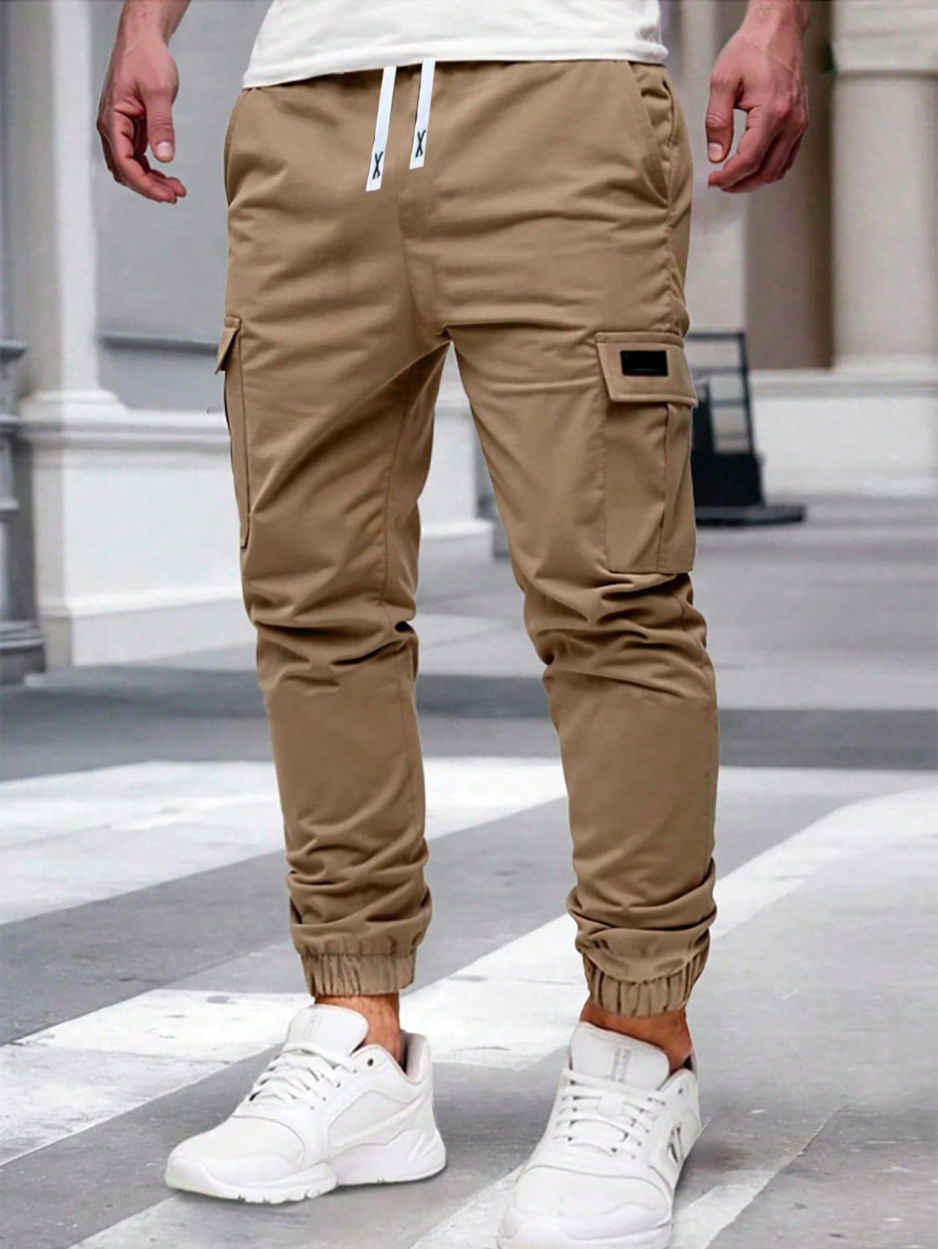 1pc Teen Boys Ployester Simple Front Lace-Up Pocket Cargo Pants, Casual Daily Wear, Spring,Summer & Autumn,Lightweig Style,Lightweight Polyester