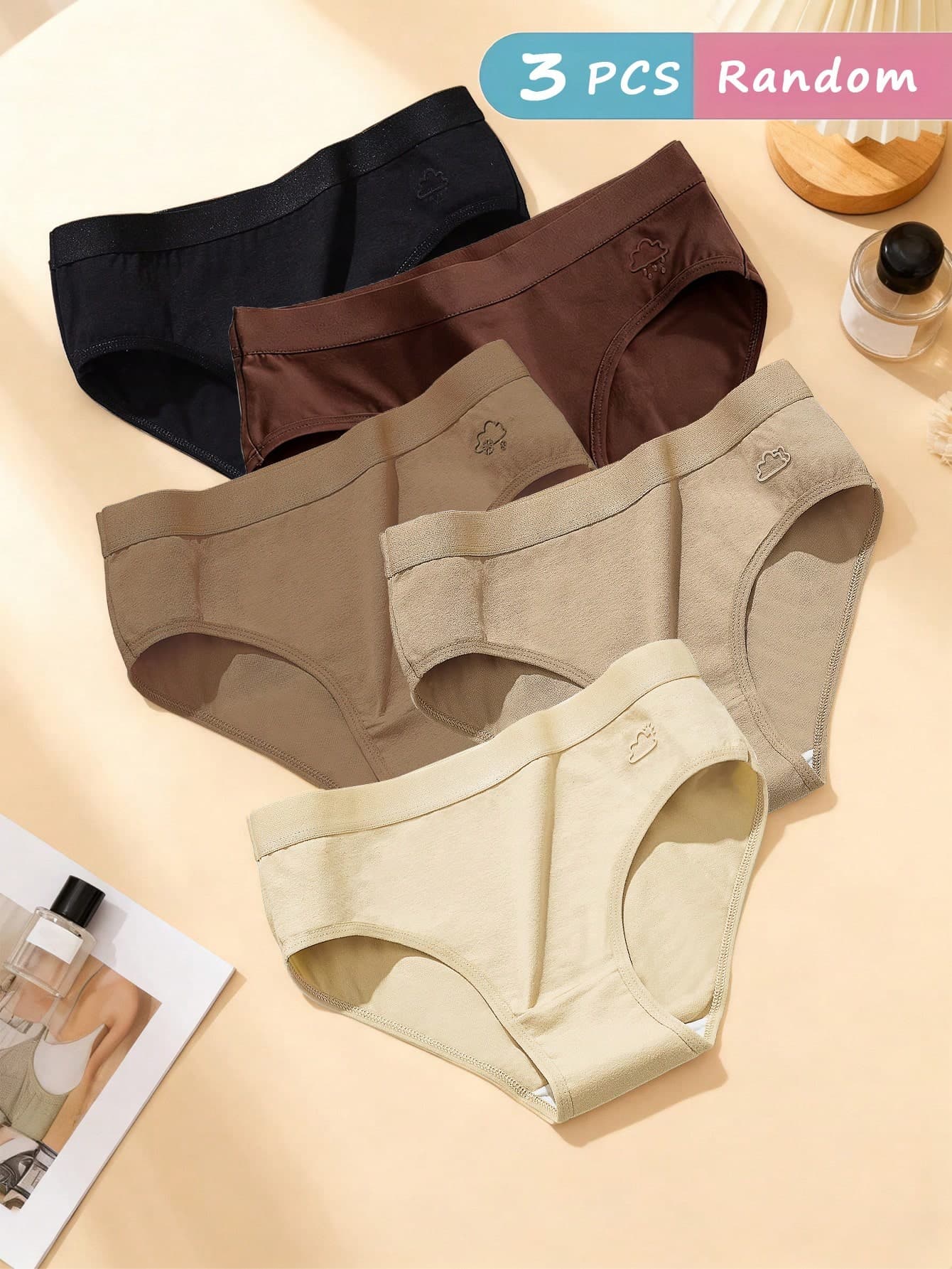 AOKVOGIRL 3pcs/Pack Random Maillard Color Women Cotton Panties, Simple Solid Color Hipster Briefs