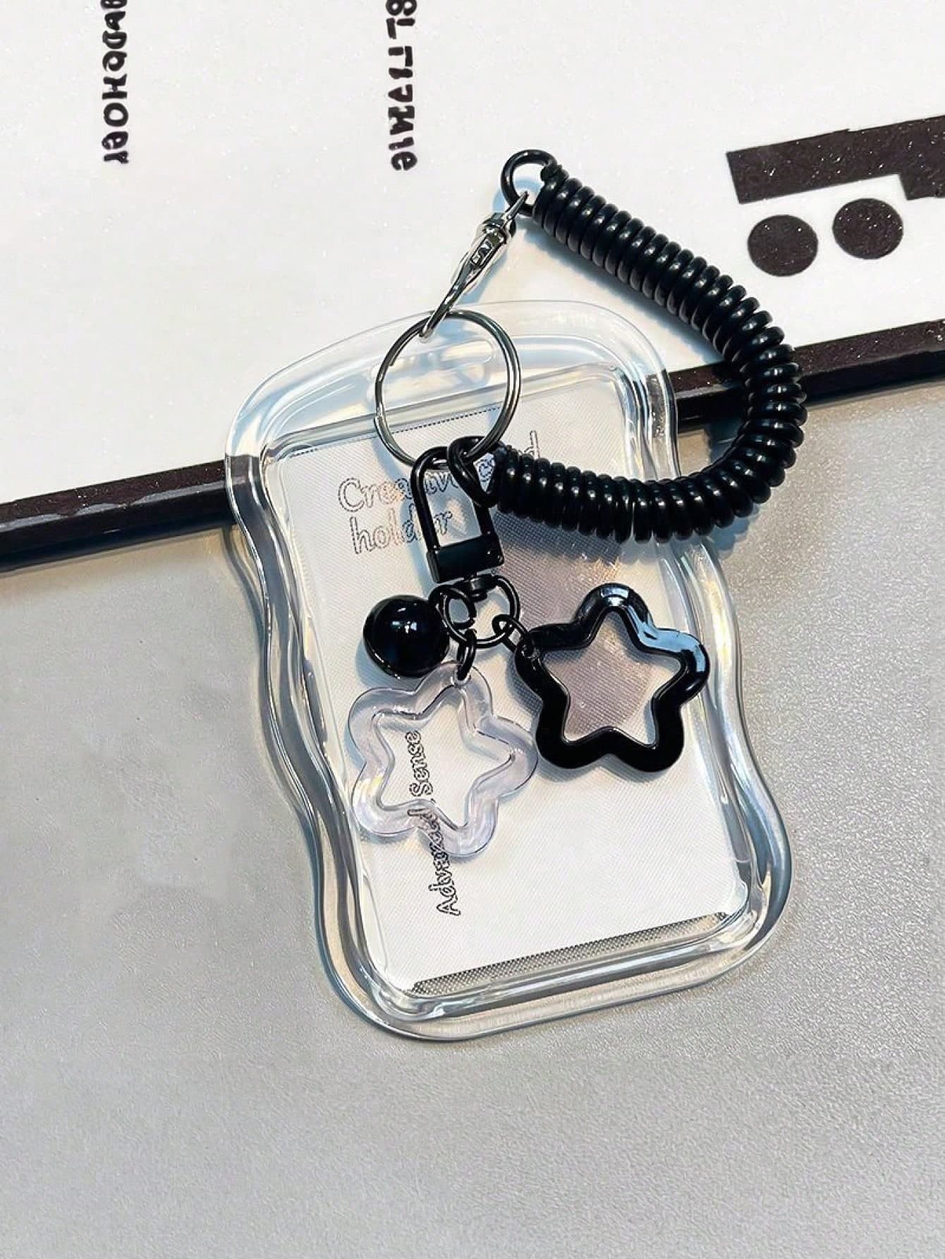Transparent Card Protector, Creative Photo Card Holder Keychain, Transparent Bus Card Case, Made Of Acrylic Material, Resistant To Deformation And Wear, Lucky Star Pattern, With Spring Cord And Decorative Elements, Versatile Use