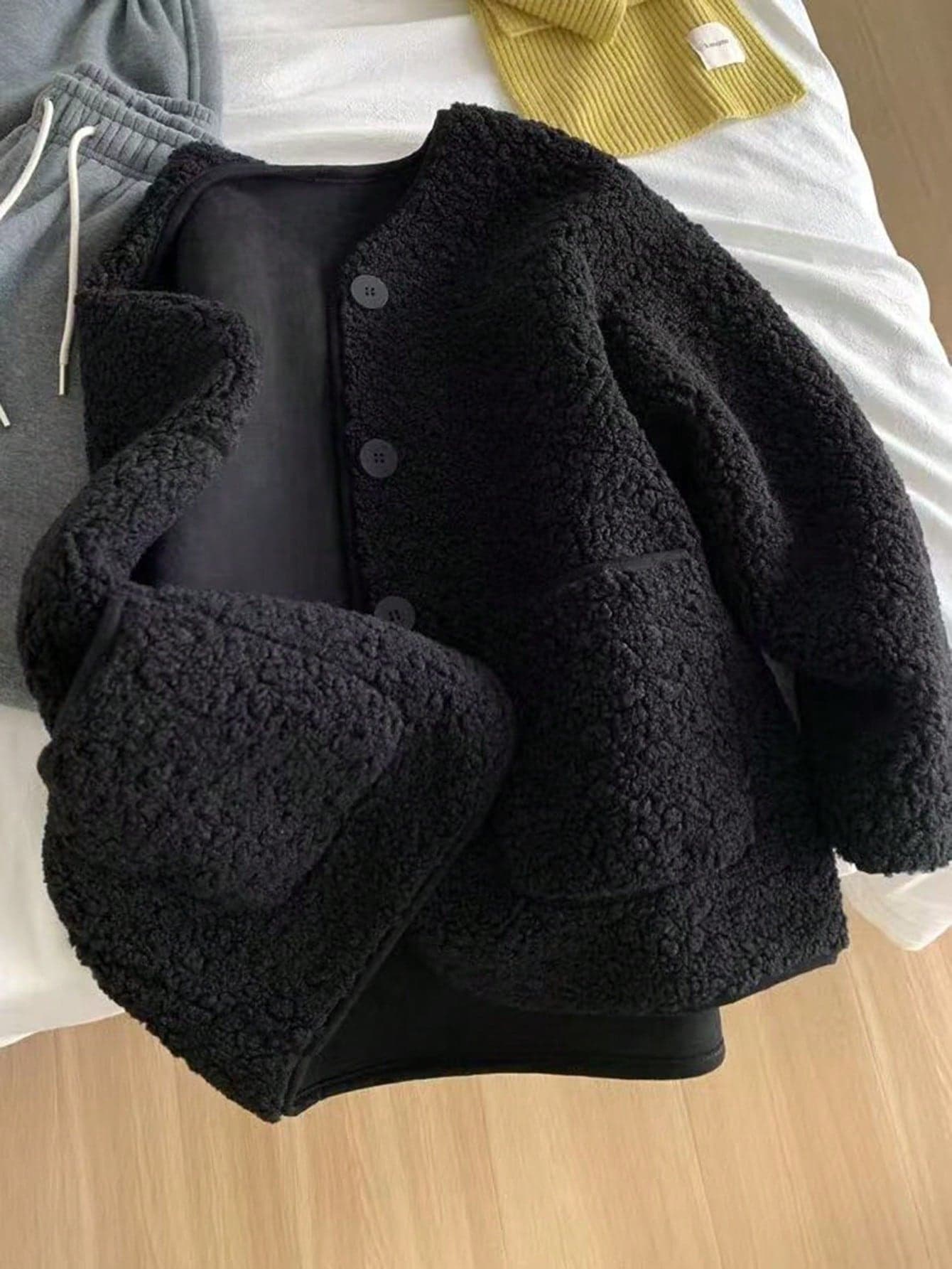 Plus Size Women Black Teddy Faux Fur Button Front Long Sleeve Cardigan Jacket, Fashionable Outerwear With Slight Stretch Winter
