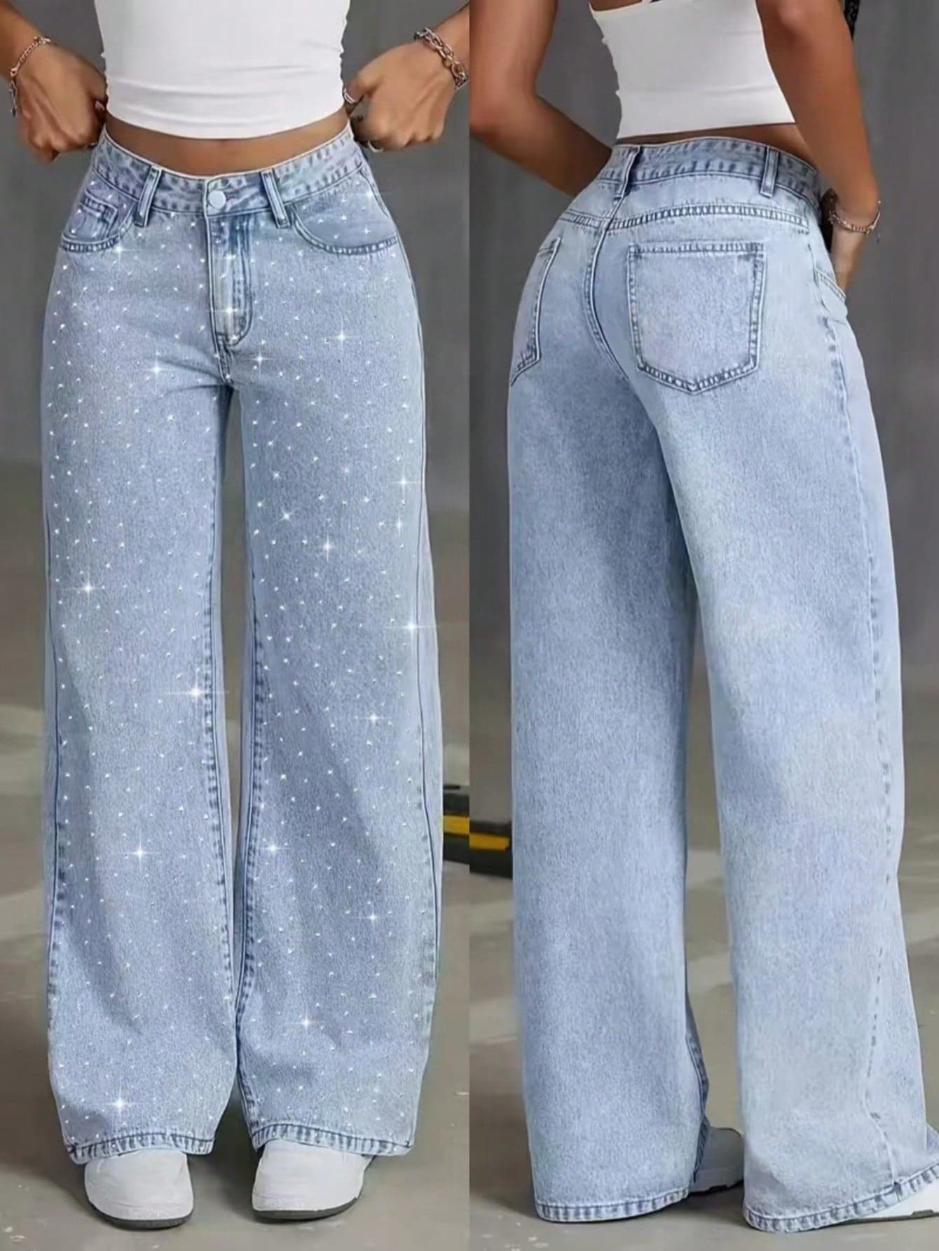 Women's Starry Rhinestone Embellished Wide Leg Jeans Casual Spring