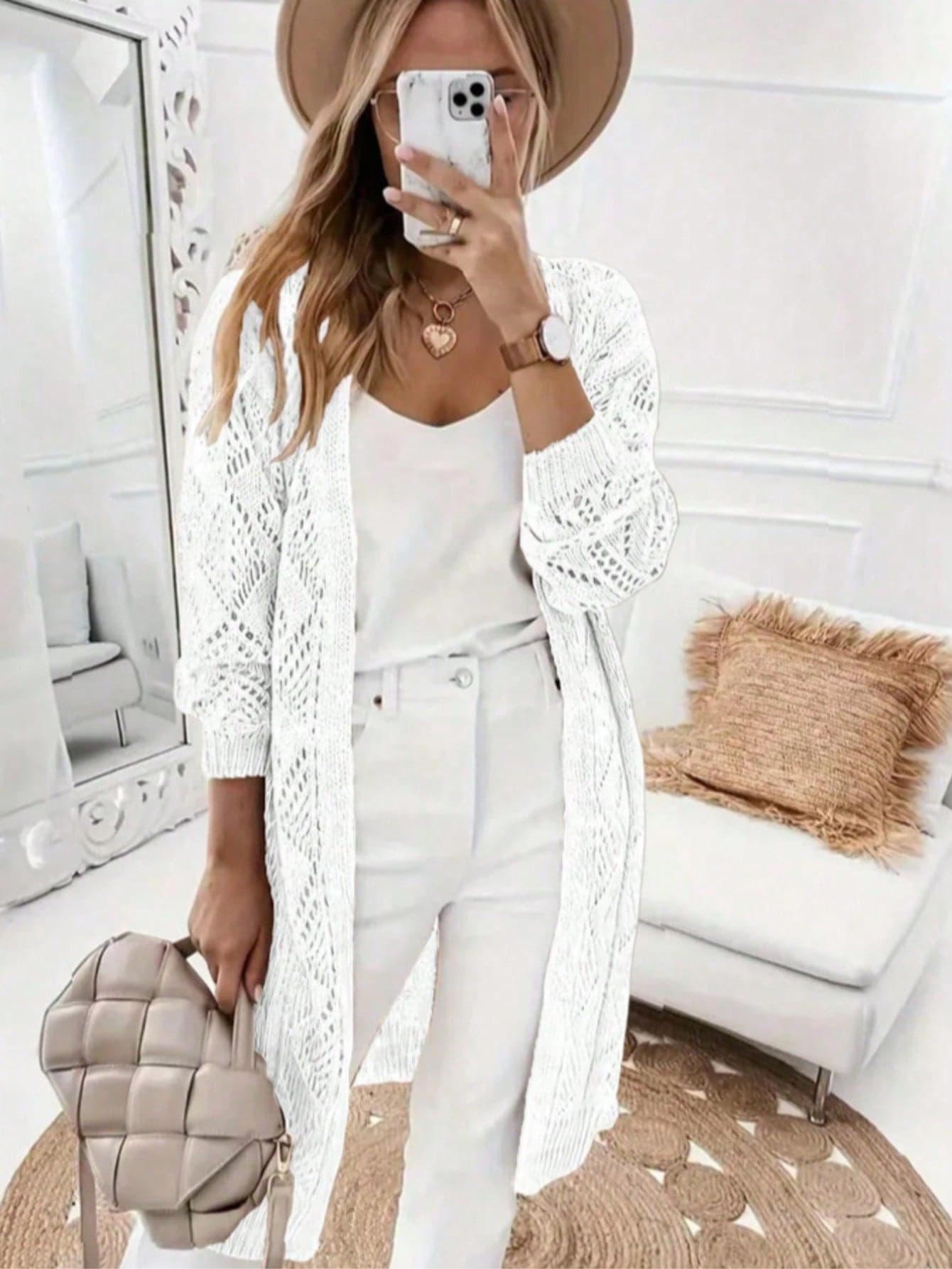 Casual Long Sleeve Solid Color Hollow Knit Cardigan - Button Front - Women's 0XL-4XL .5XL. Hollow Knit Sweater, Elegant Lazy Home White