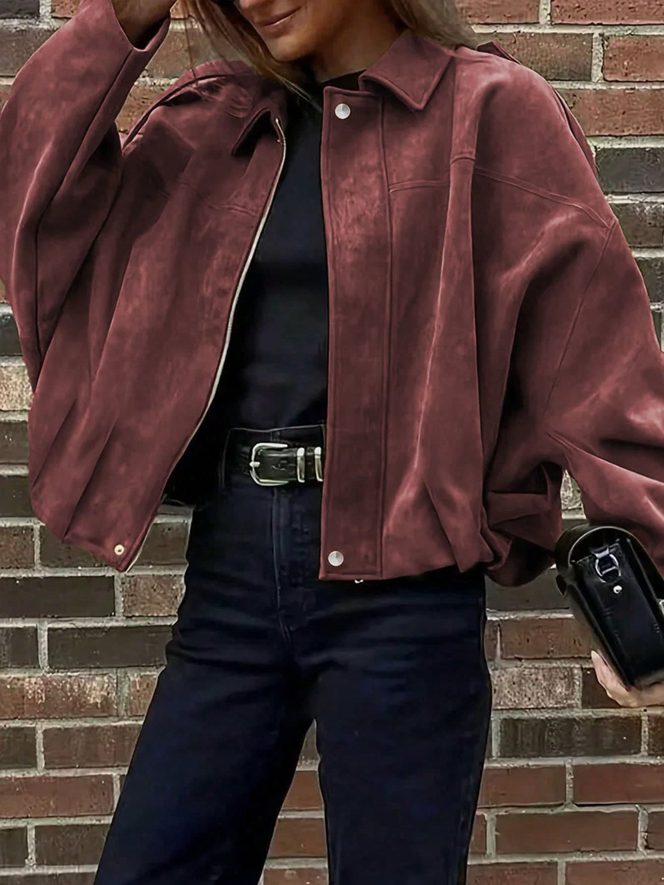 Women's Plus Size Purple-Red Faux Suede Jacket, Dropped Shoulder Long Sleeve, Silver Zipper Detail, Drop Shoulder Four-Button Hem Pleated Cuffs, Fashion Soft Fabric Street Style Comfortable Loose Fit Lightweight Jacket For Spring Autumn Winter