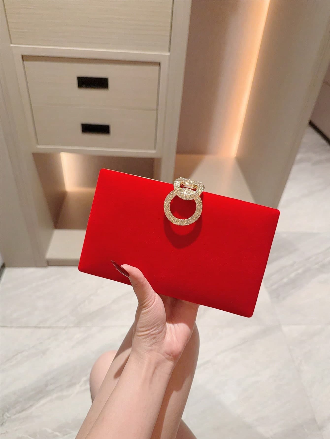 1pc Luxury Velvet Box-Shaped Evening Clutch Bag, Formal Party Bag With Rhinestone Button Decor, Suitable For Formal Wear, Gala, Prom - Minimalist Square Formal Party Crossbody Bag
