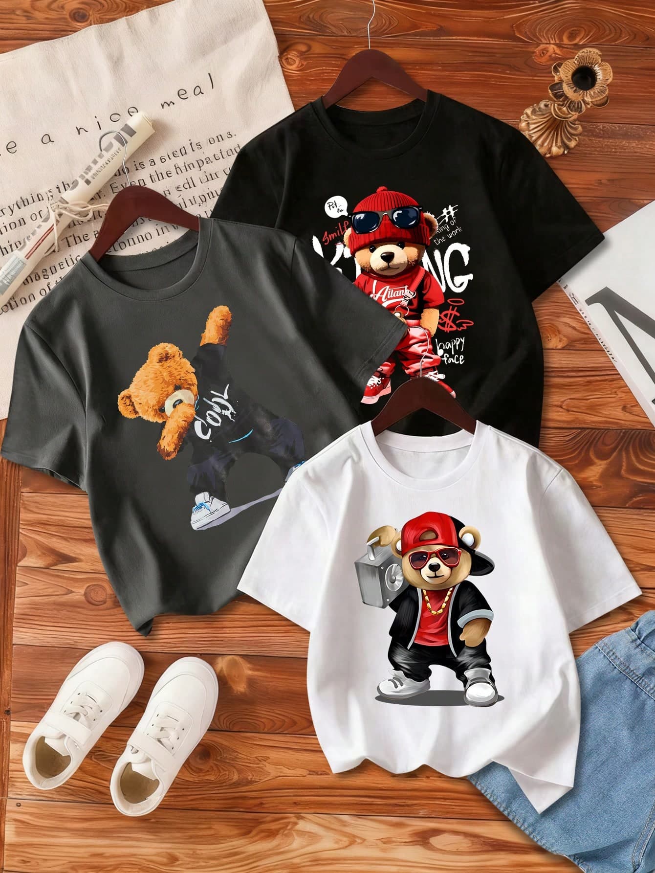 3pcs/Set Cartoon Bear Print Short Sleeve T-Shirts For Young Boys