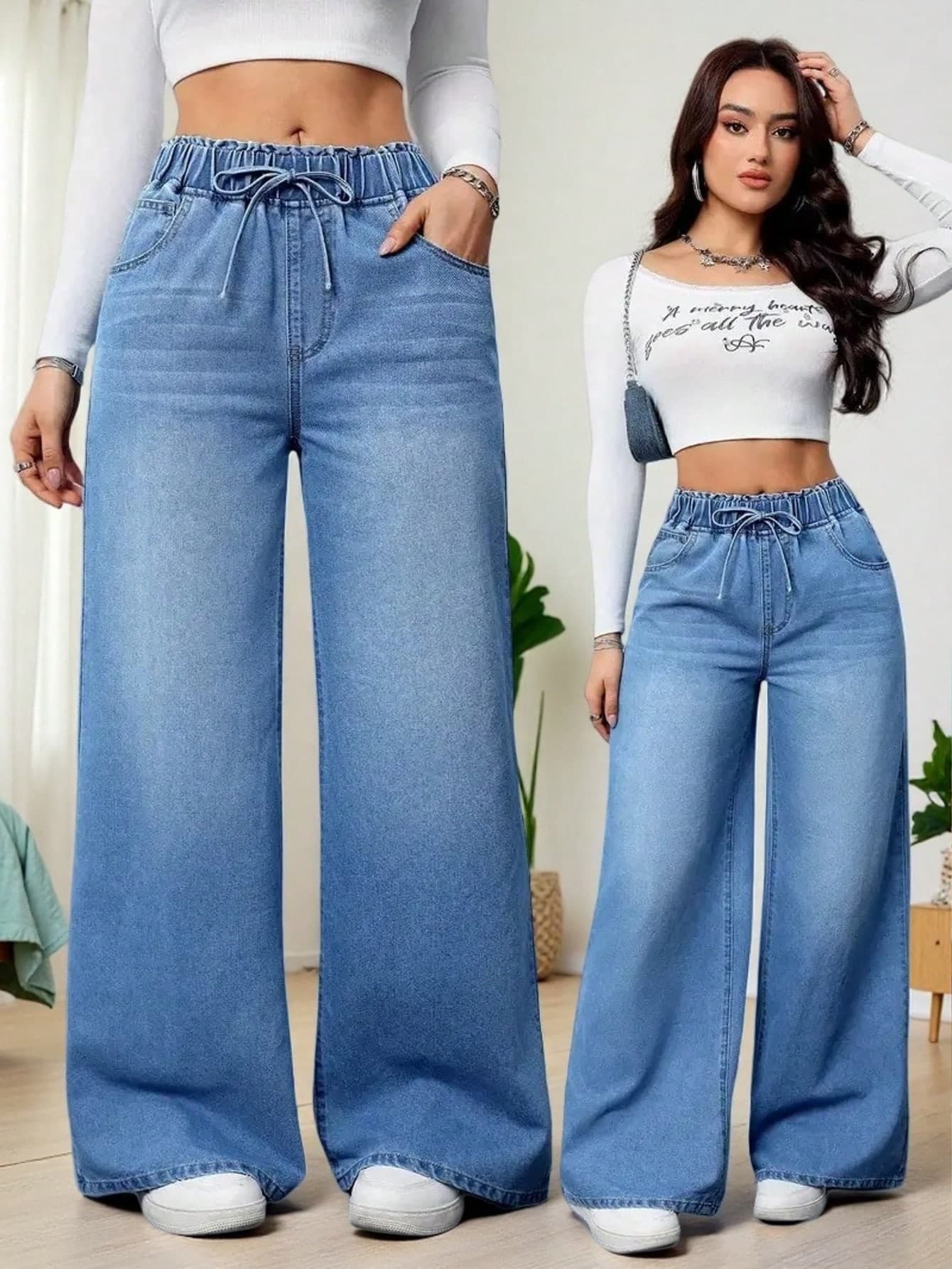 Women's Casual Wide Leg Jeans, Drawstring Waist, Long Pockets, Zipper Closure, Medium Stretch Fabric Spring