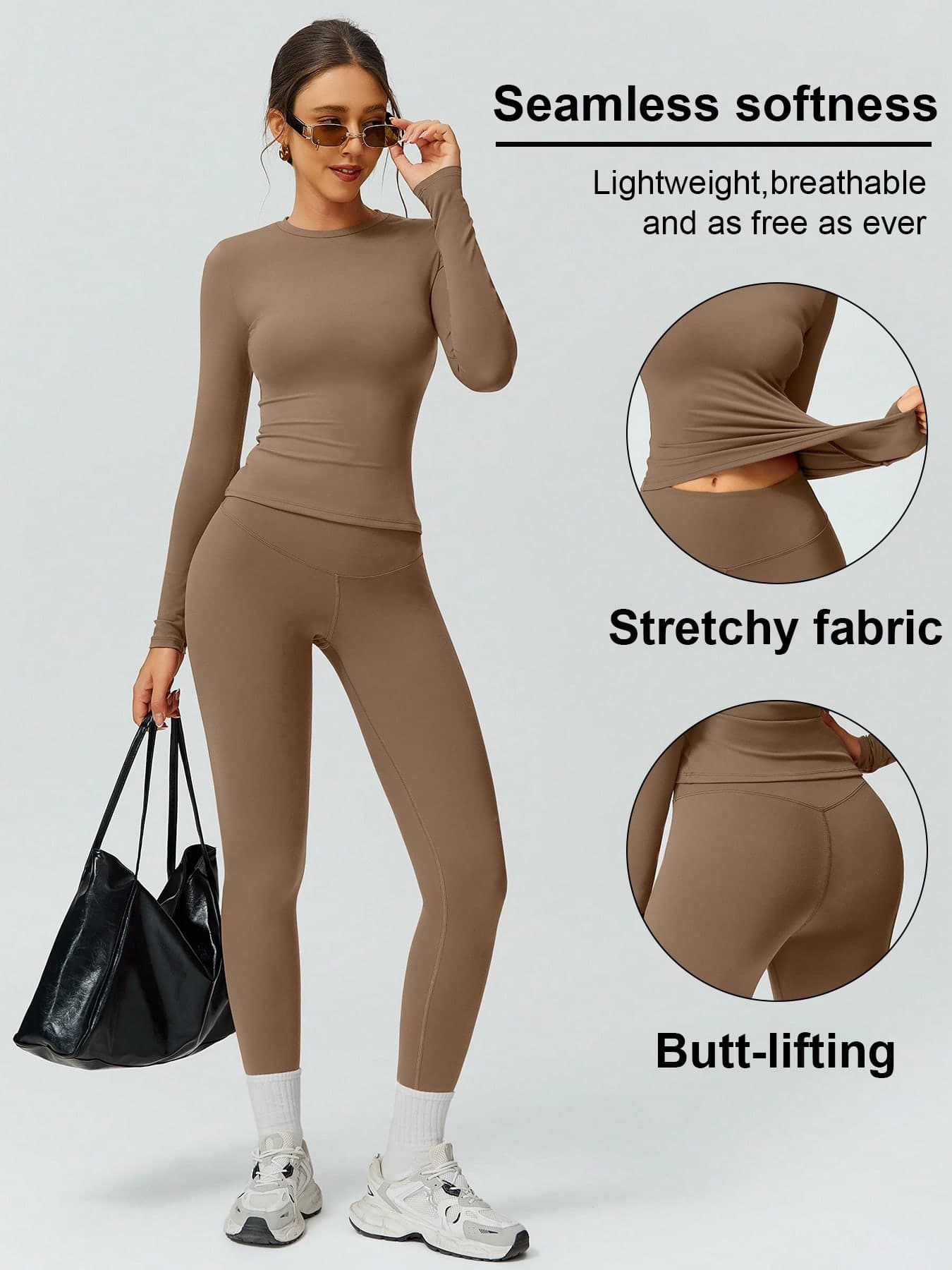 2pcs Women's Soft Fleece Crew Neck Long Sleeve T-Shirt And Elastic Soft Skinfit Sports Pants Set, Outdoor Hiking Fitness Slim Fit Crew Neck Running Yoga Suit